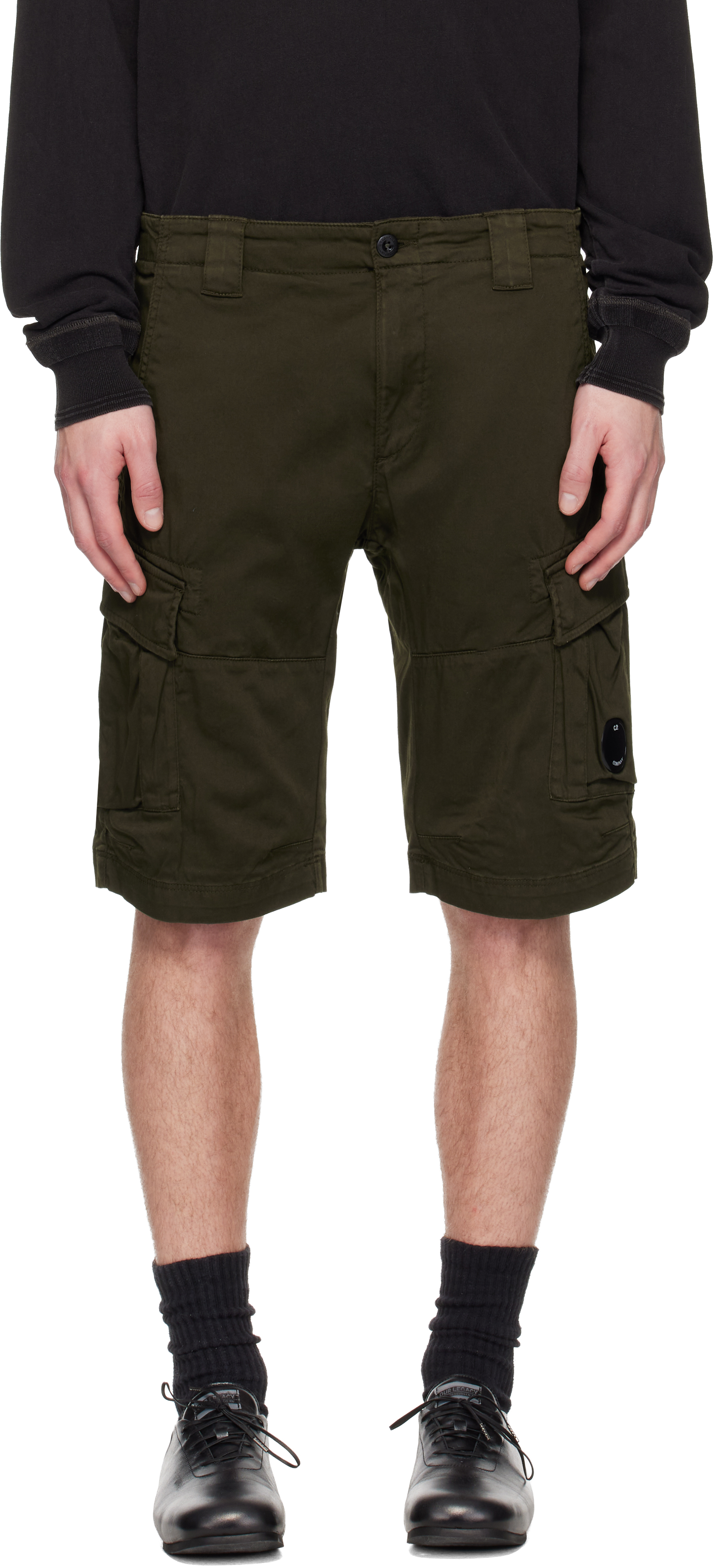 Khaki Stretch Sateen Cargo Lens Shorts by C.P. Company on Sale