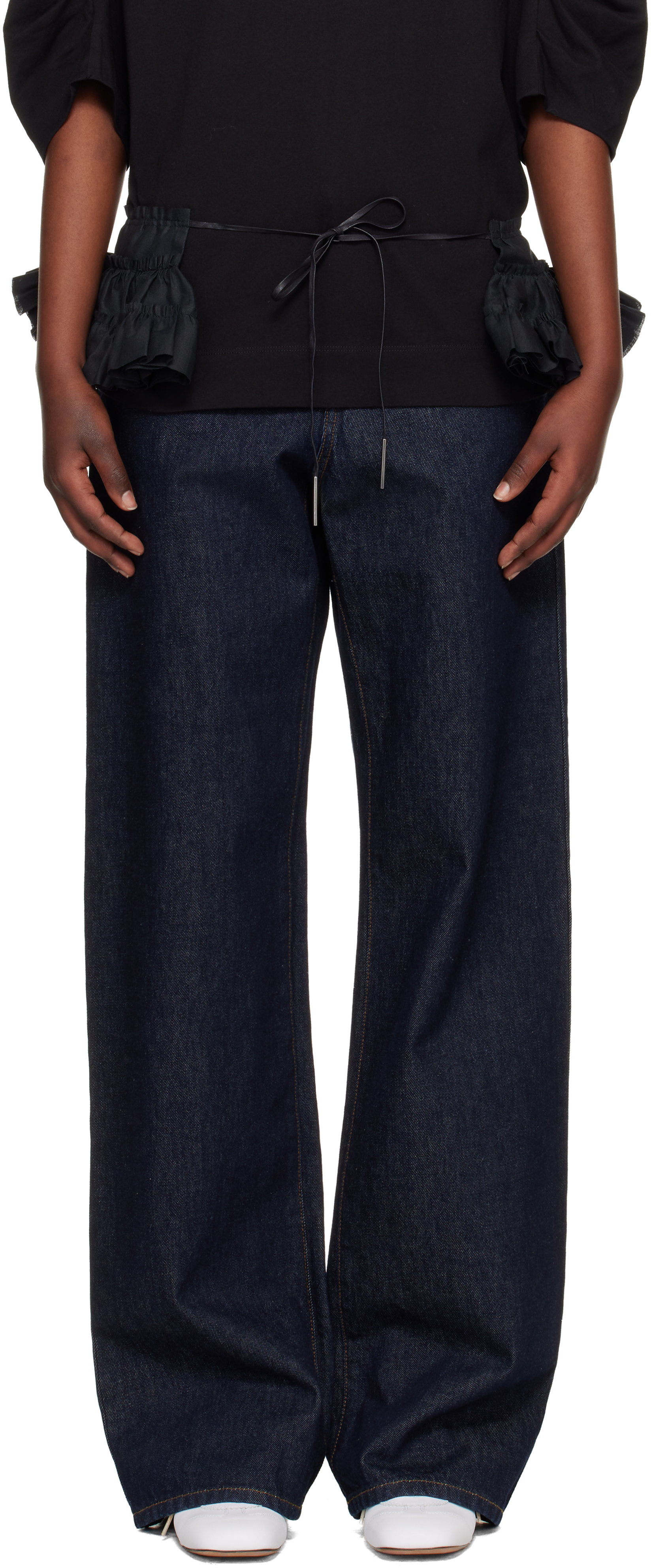 DRIES VAN NOTEN 黒の細ベルト Dries Van Noten: Black Ruffled Cotton Waist Belt | SSENSE