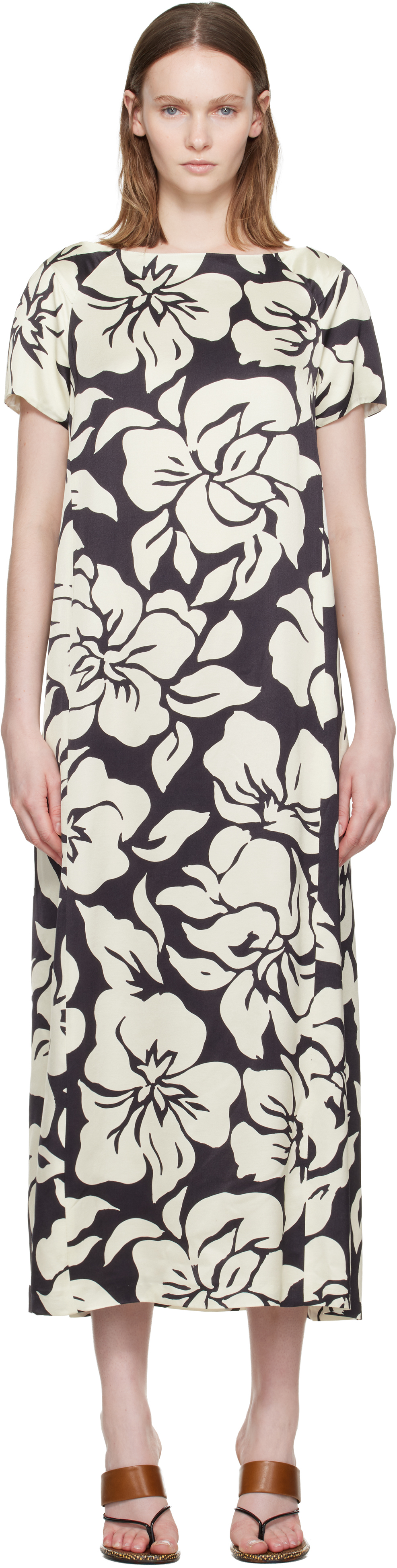 Dries Van Noten Black & Ivory Floral Midi Dresss