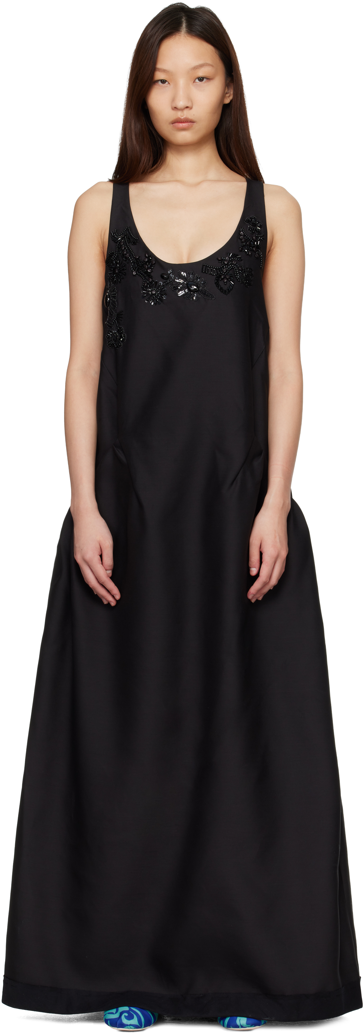 Dries Van Noten Black Rounded Wool & Silk Maxi Dress