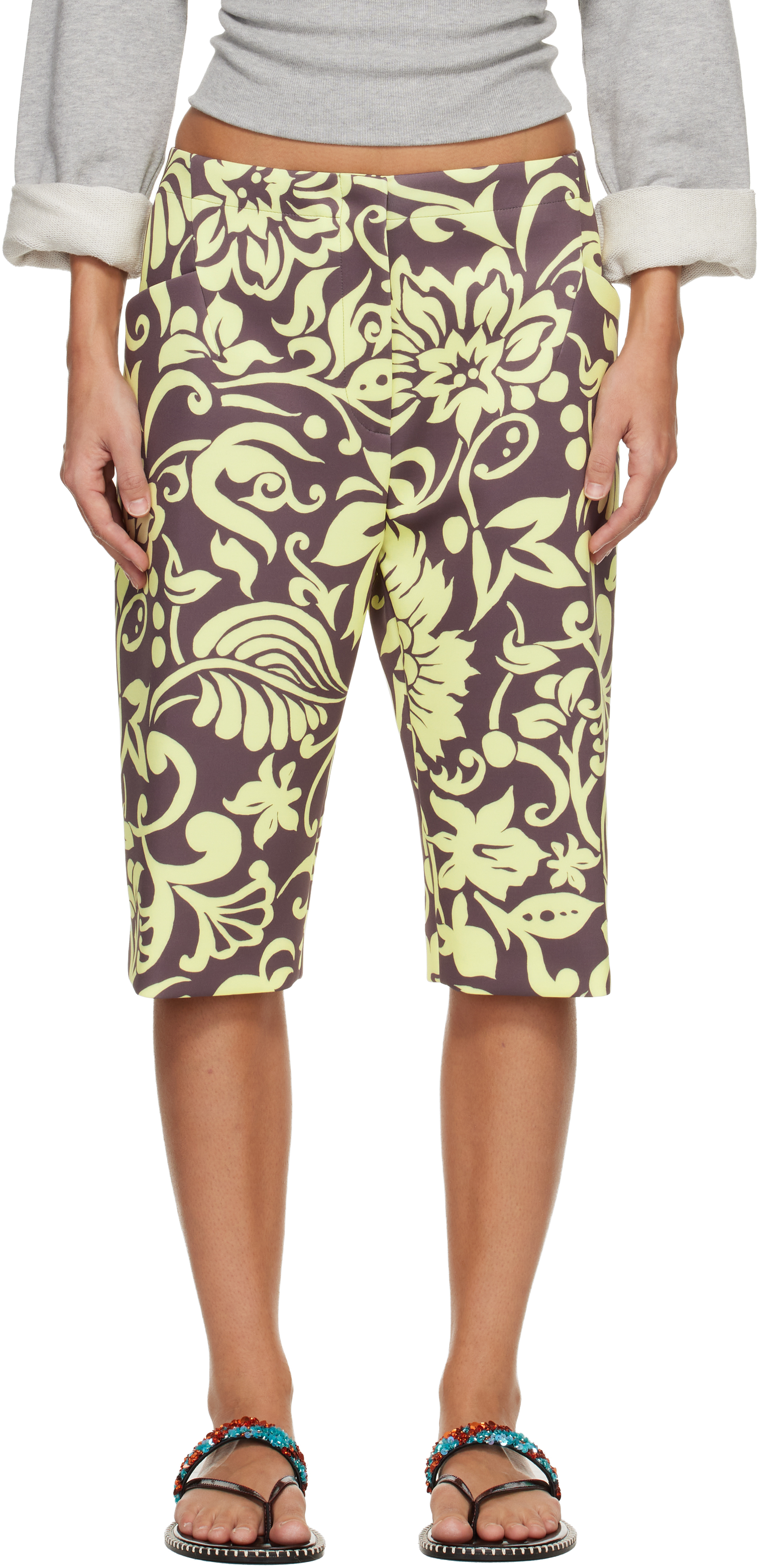 Dries Van Noten: ブラウン＆イエロー Patterned ショートパンツ