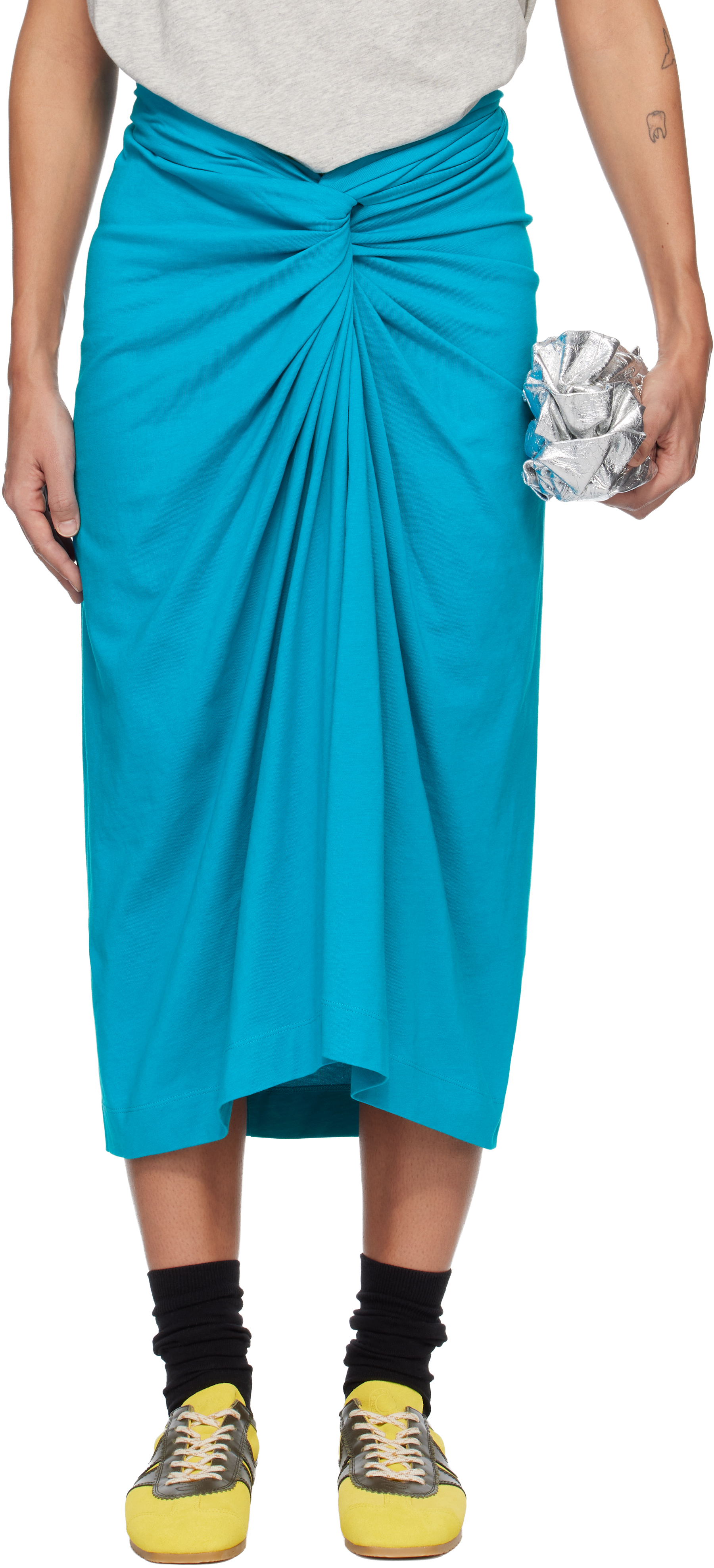 Dries Van Noten: Blue Knotted Jersey Midi Skirt | SSENSE