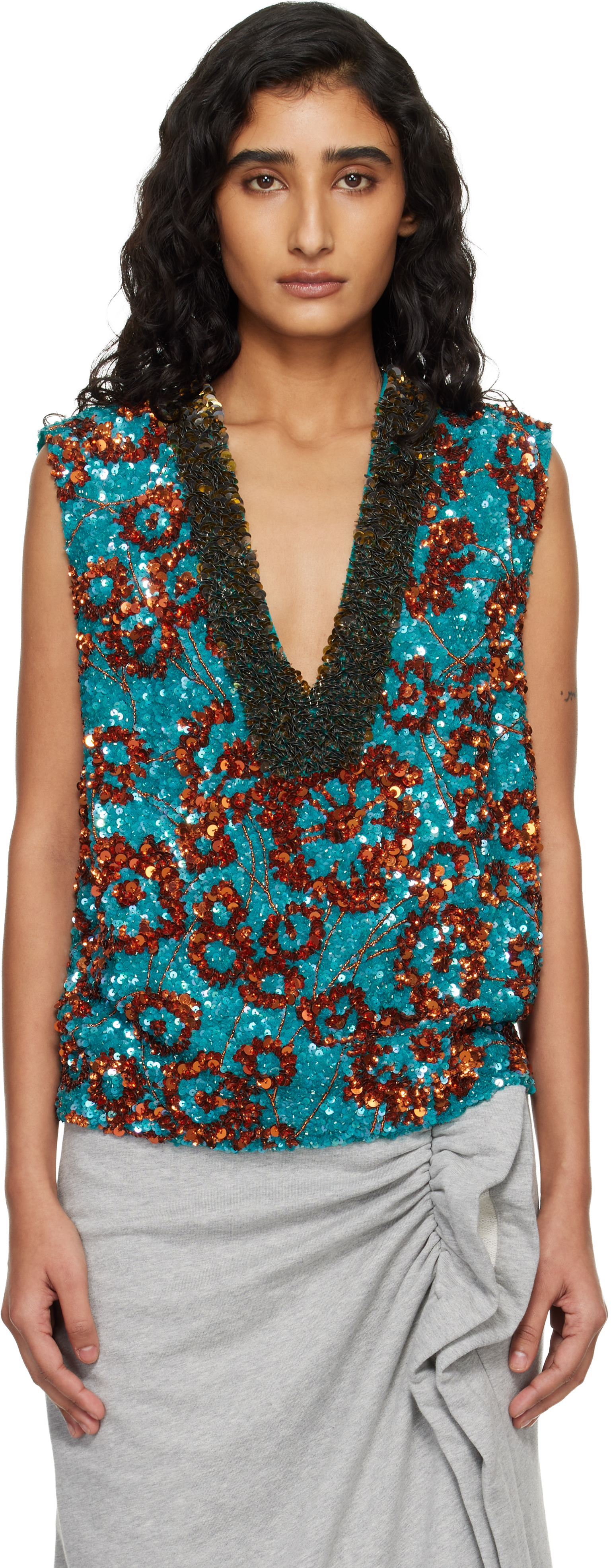 Dries Van Noten Blue & Orange Sequinned Top
