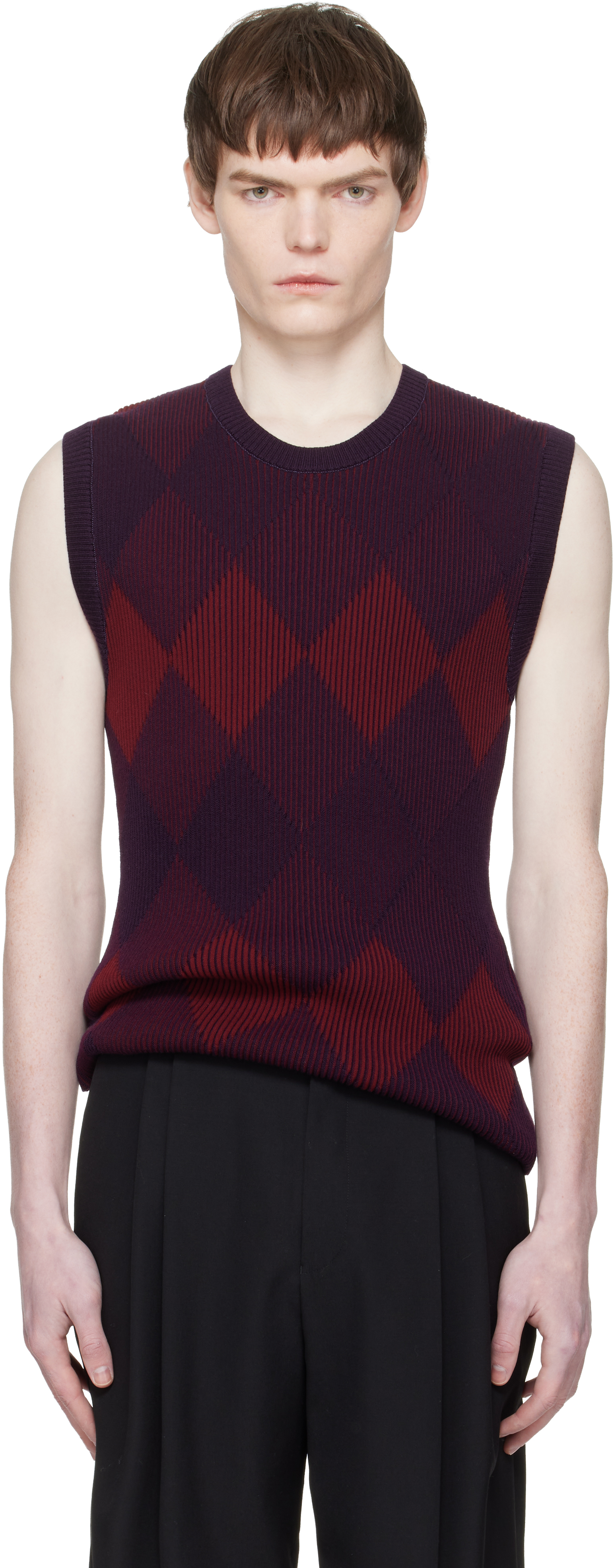 Dries Van Noten: Red & Purple Argyle Sweater Vest | SSENSE