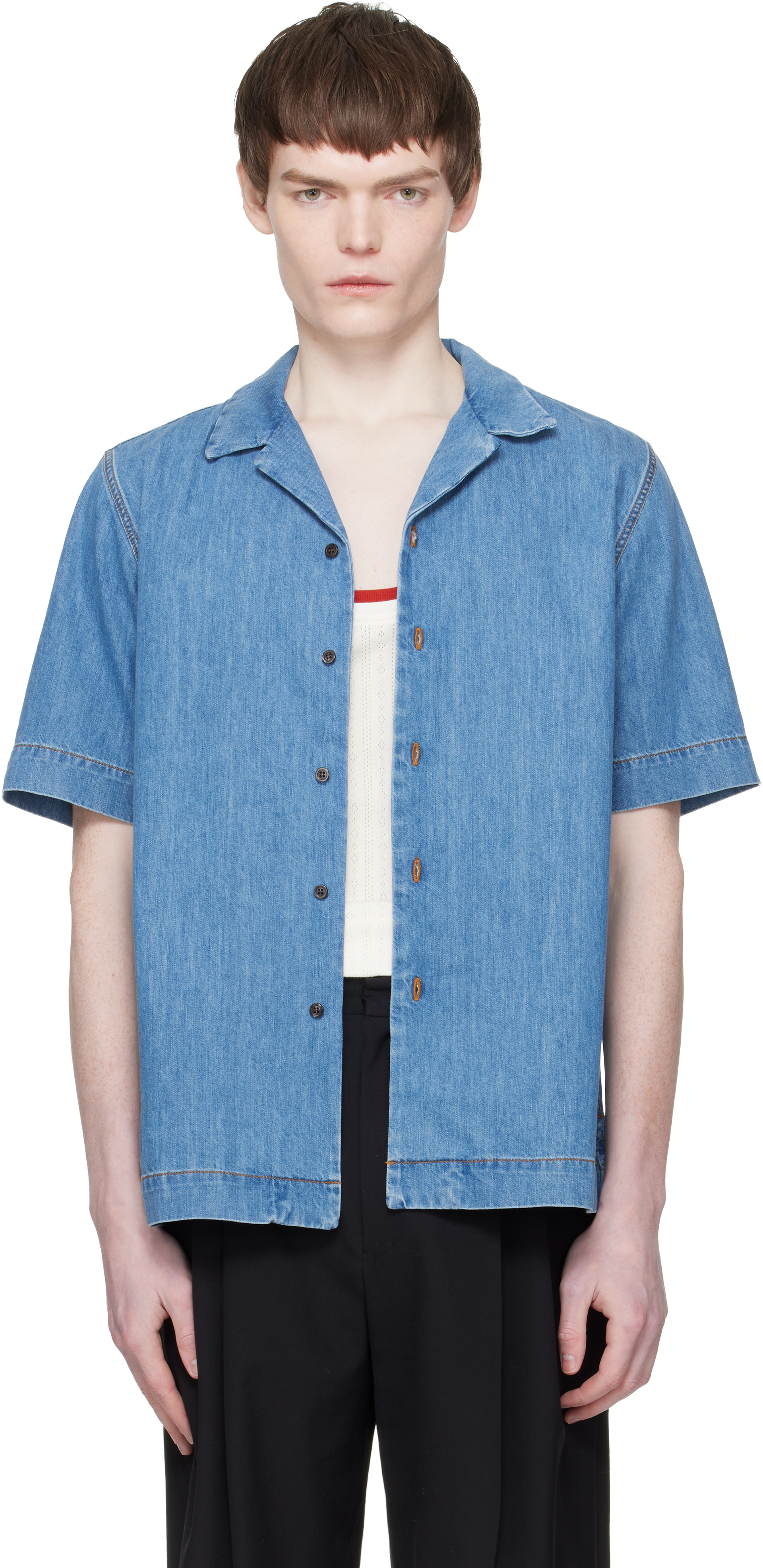 Dries Van Noten: Blue Short-Sleeve Denim Shirt | SSENSE
