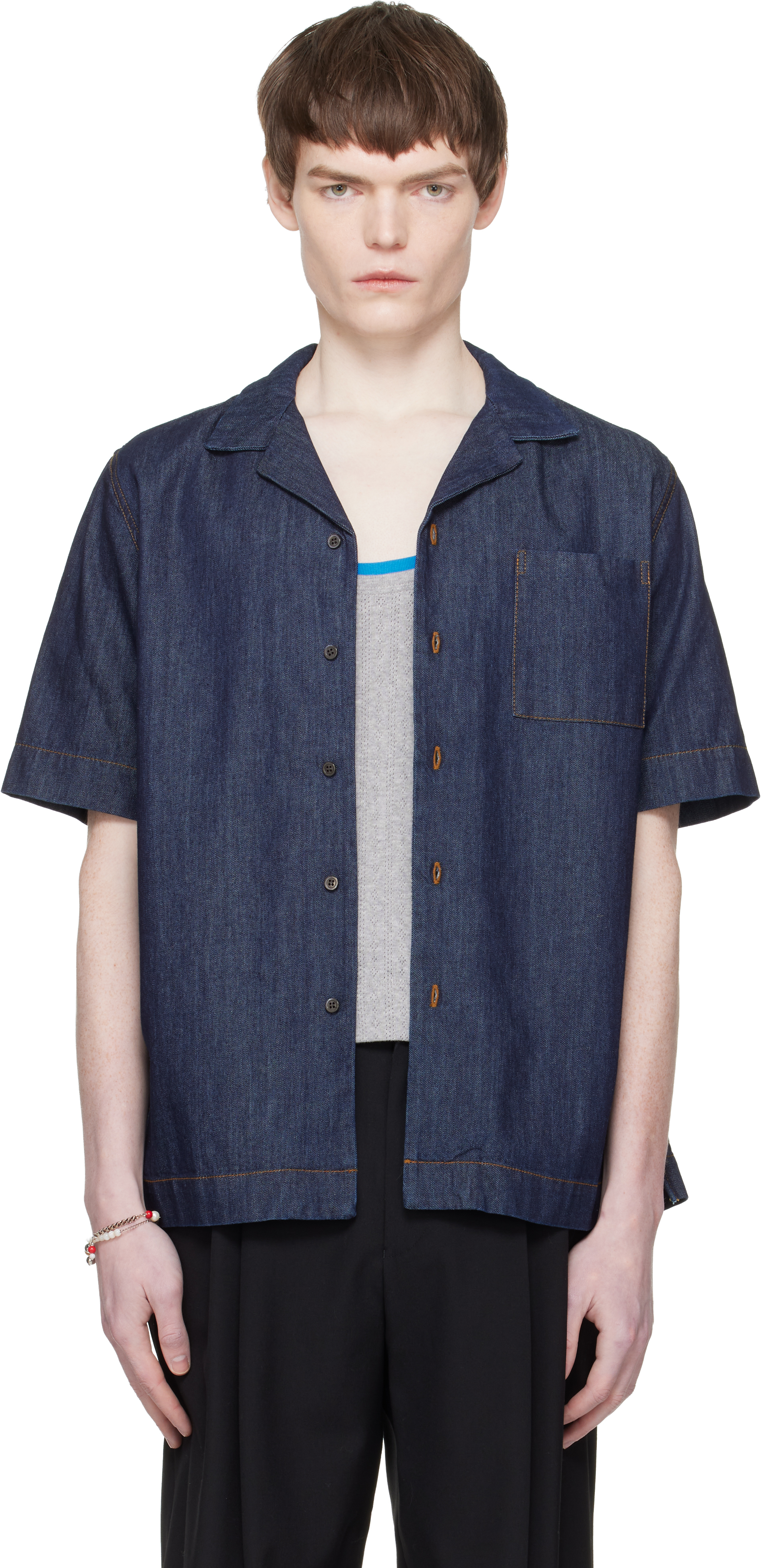 Dries Van Noten Navy Short-Sleeve Denim Shirt