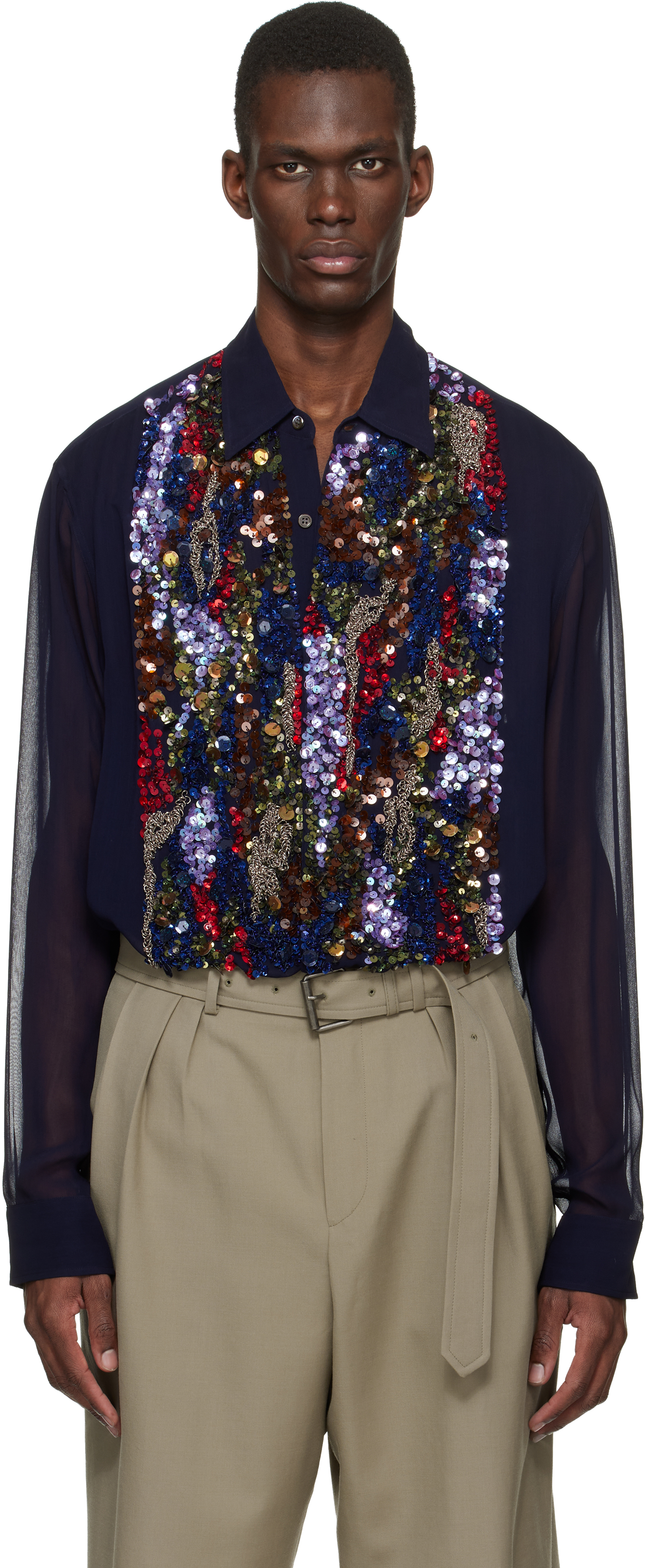 Dries Van Noten: ネイビー スパンコール シャツ | SSENSE 日本