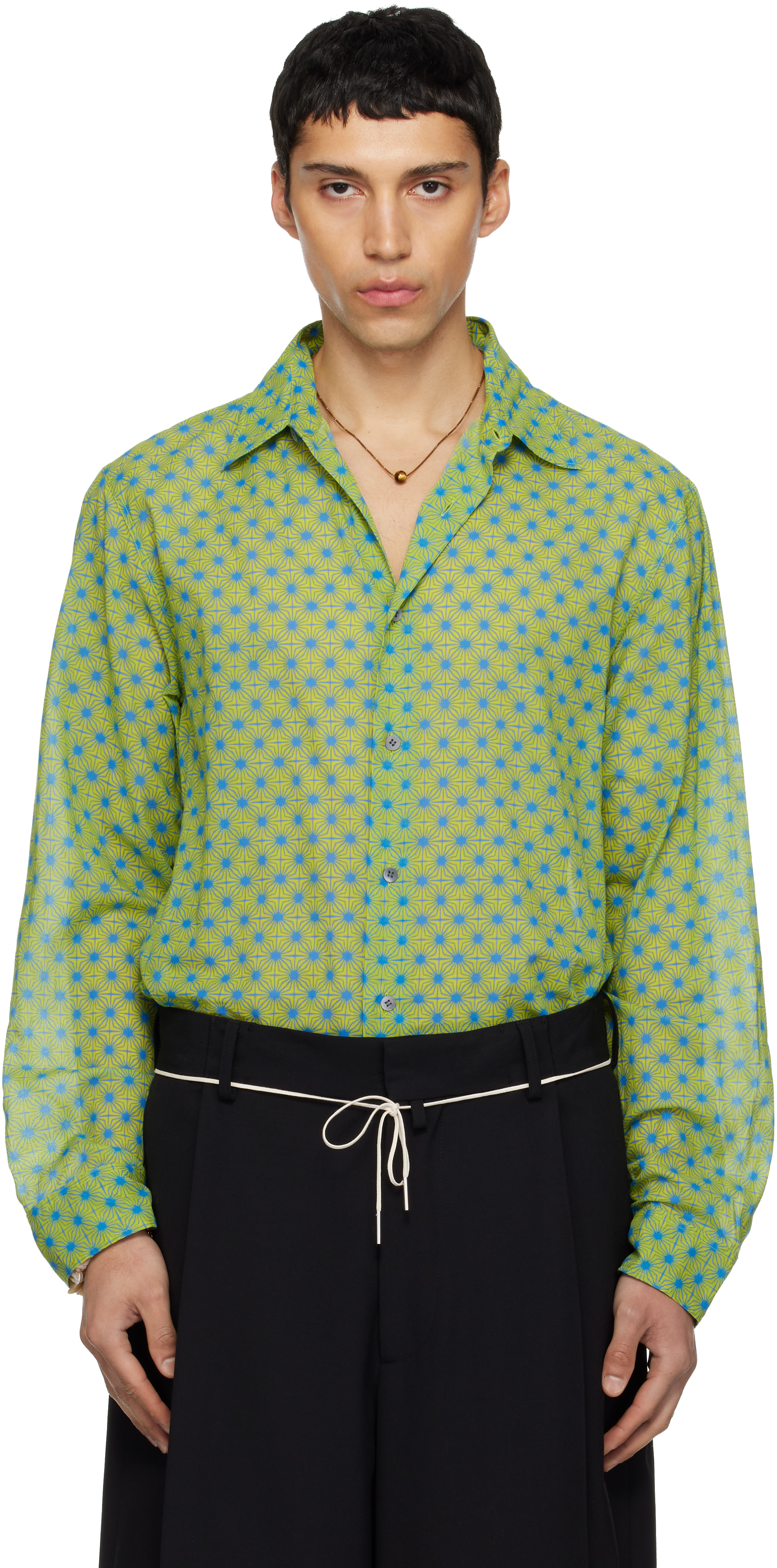 Dries Van Noten: Green & Blue Printed Cotton Shirt | SSENSE