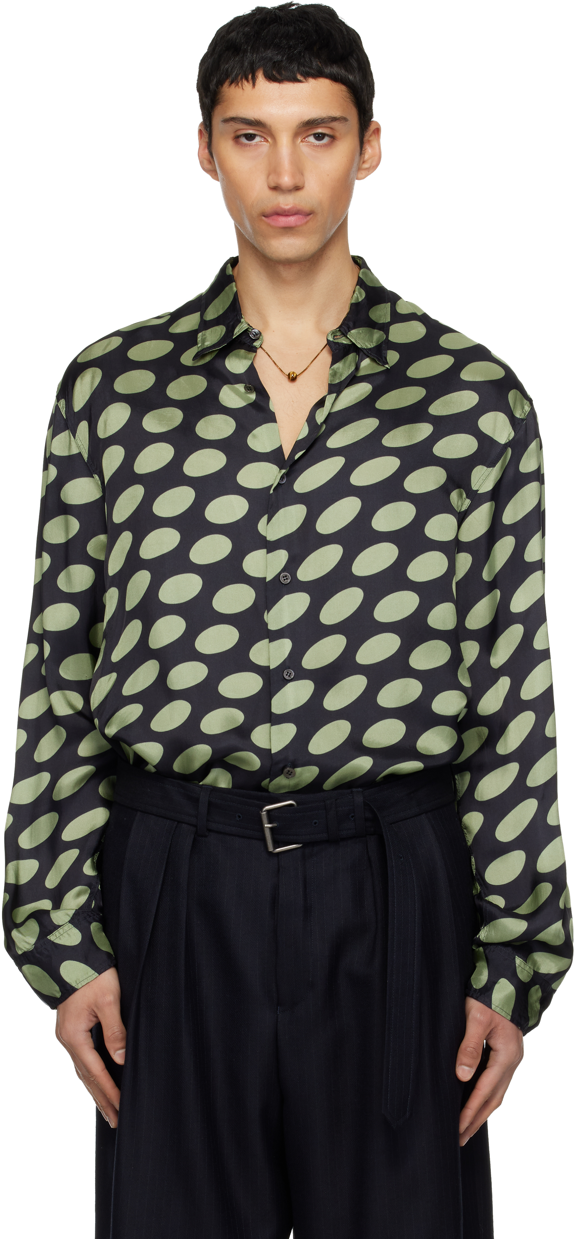 Dries Van Noten: Black & Green Polka-Dot Satin Shirt | SSENSE