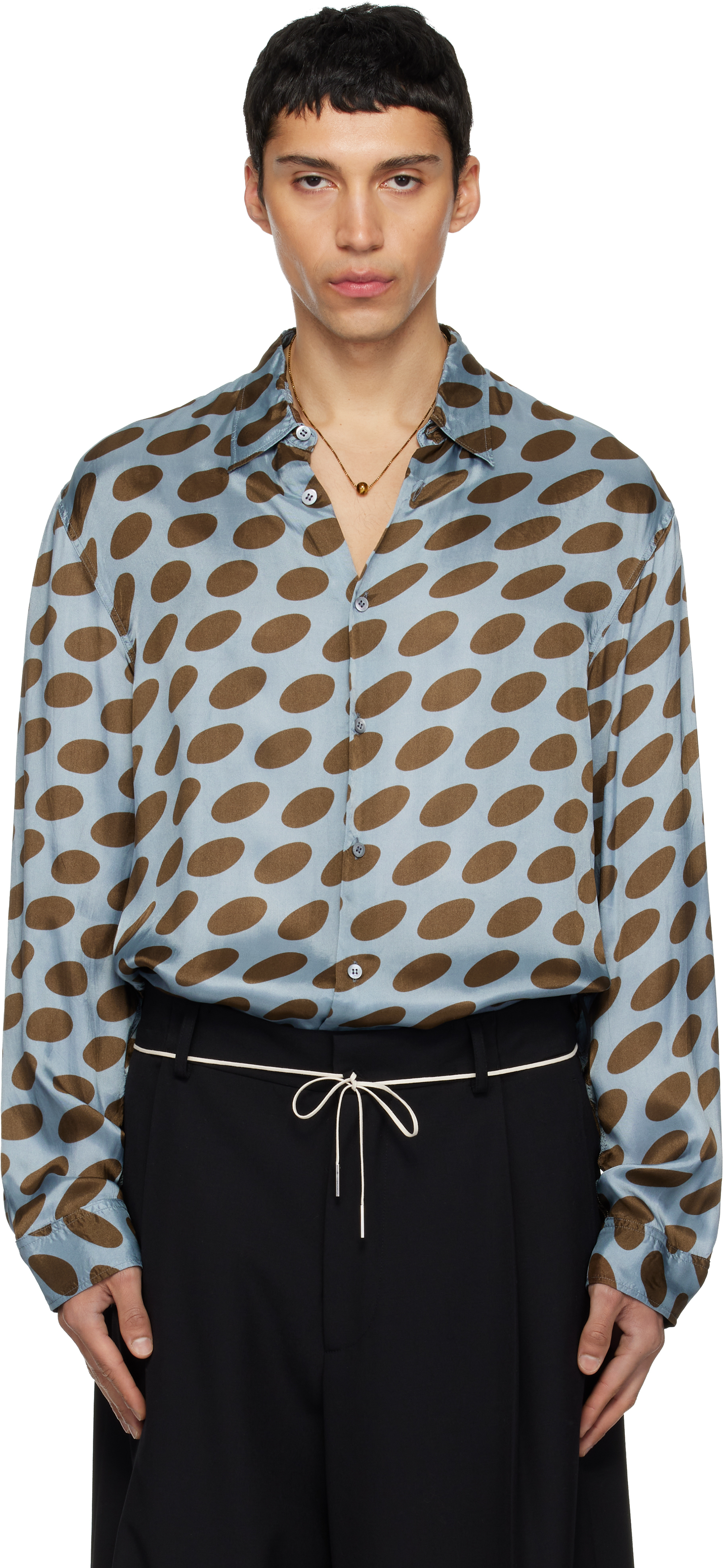 Dries Van Noten: Blue & Brown Polka-Dot Satin Shirt | SSENSE