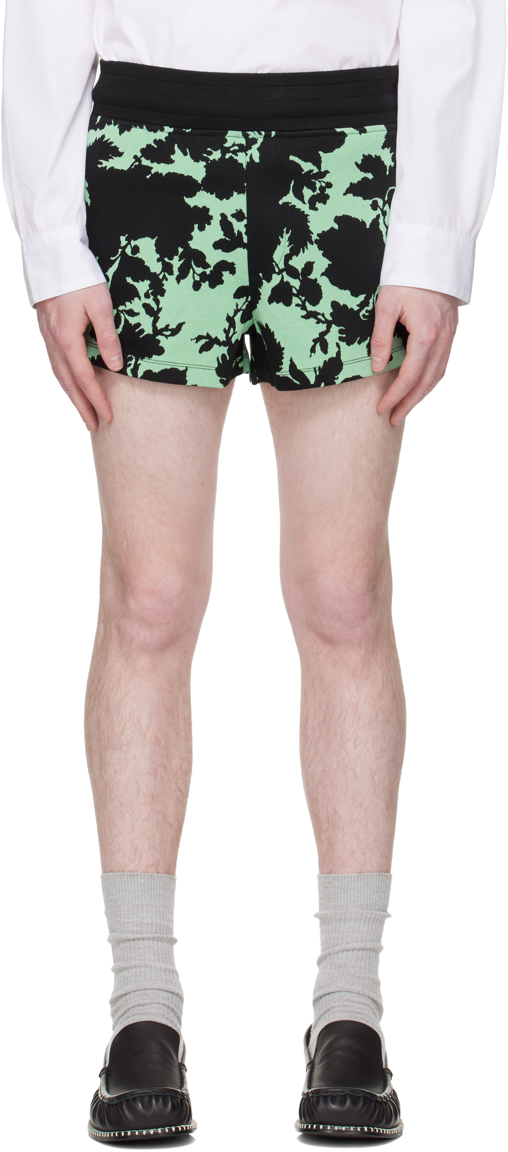 Dries Van Noten: Green & Black Ribbed Jacquard Shorts | SSENSE