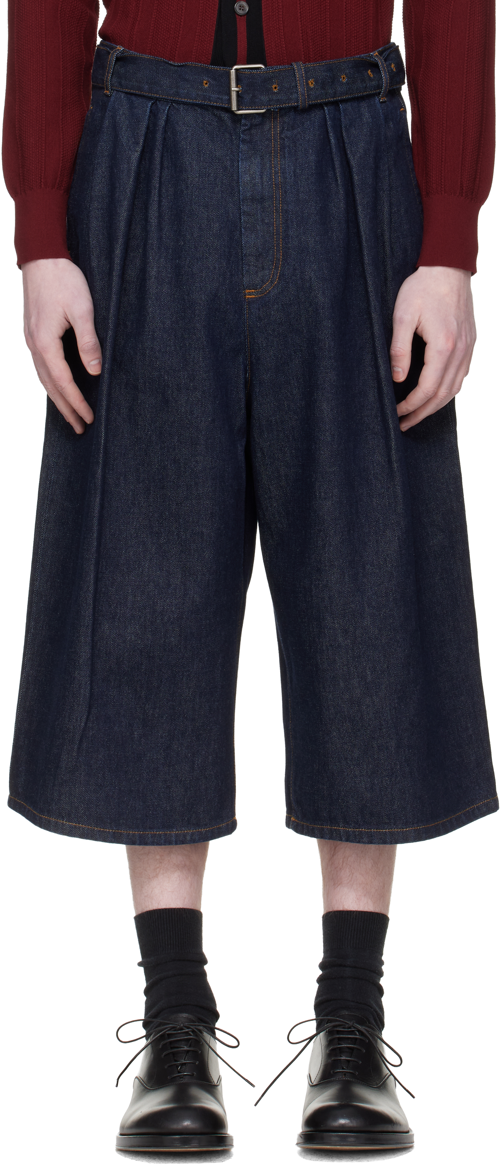 Dries Van Noten: ネイビー タック デニムショートパンツ | SSENSE 日本