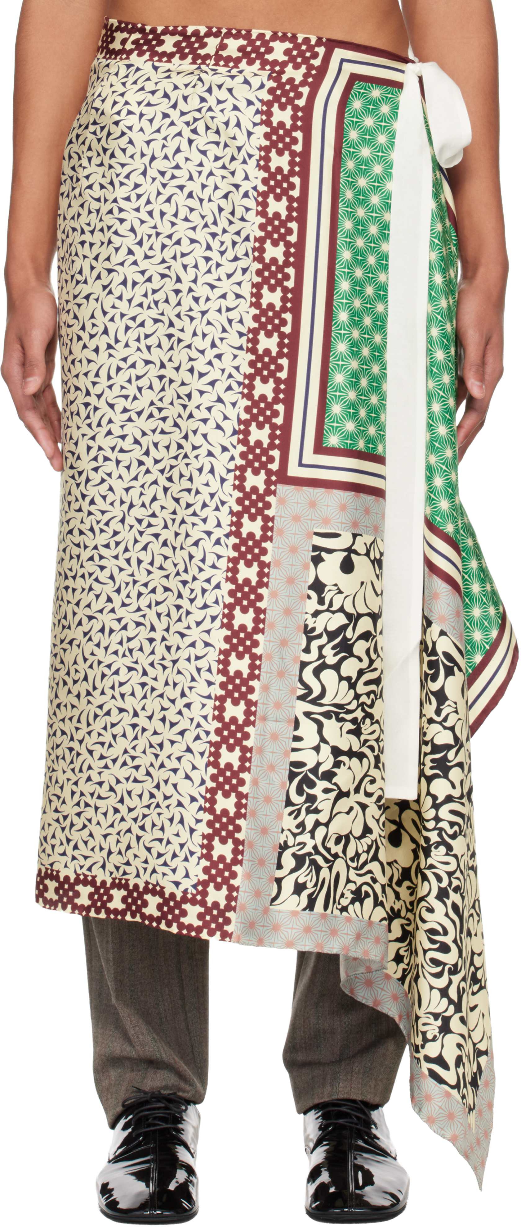 Dries Van Noten: オフホワイト＆グリーン Long Wrap Scarf スカート