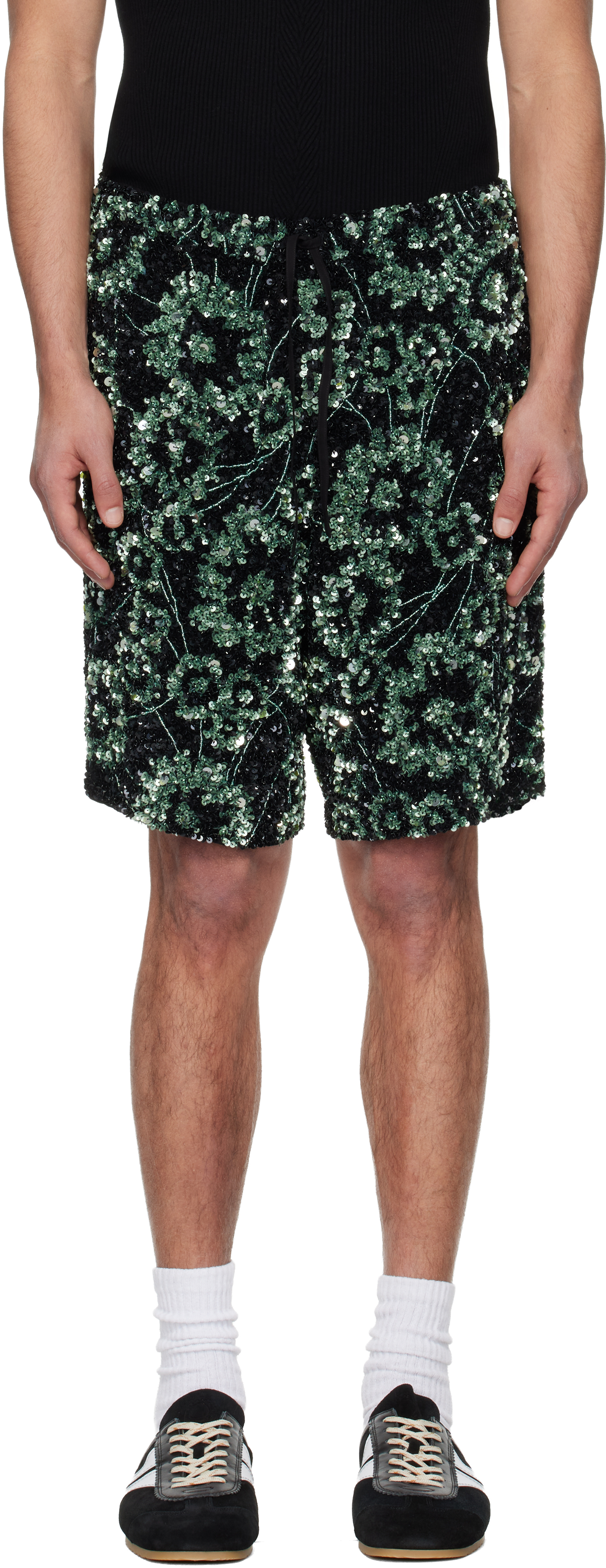 Dries Van Noten: Black & Green Embroidered Shorts | SSENSE Canada