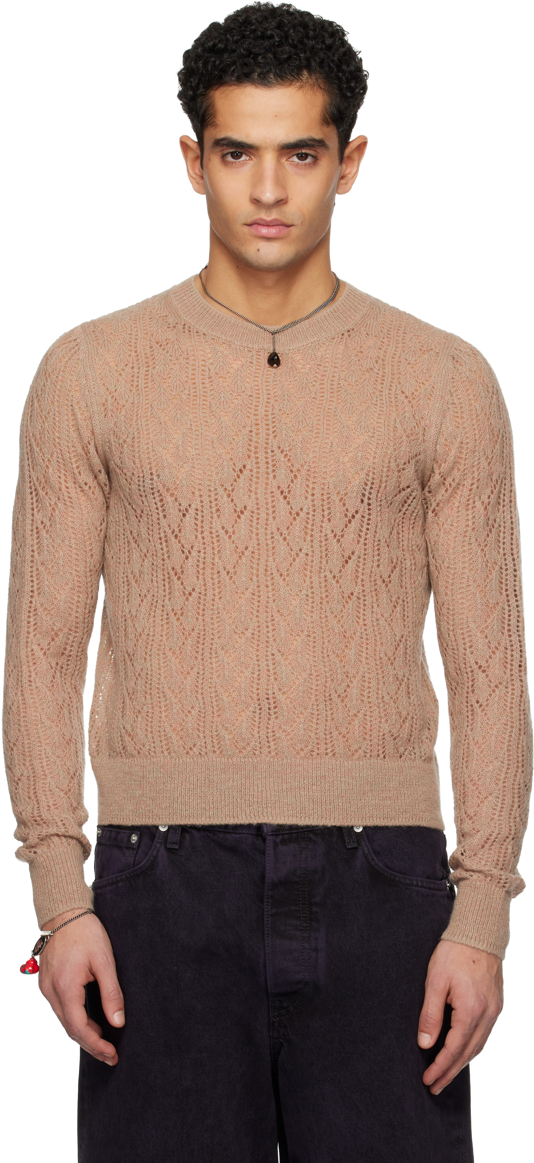 Dries Van Noten Taupe Lace Stitch Alpaca Sweater