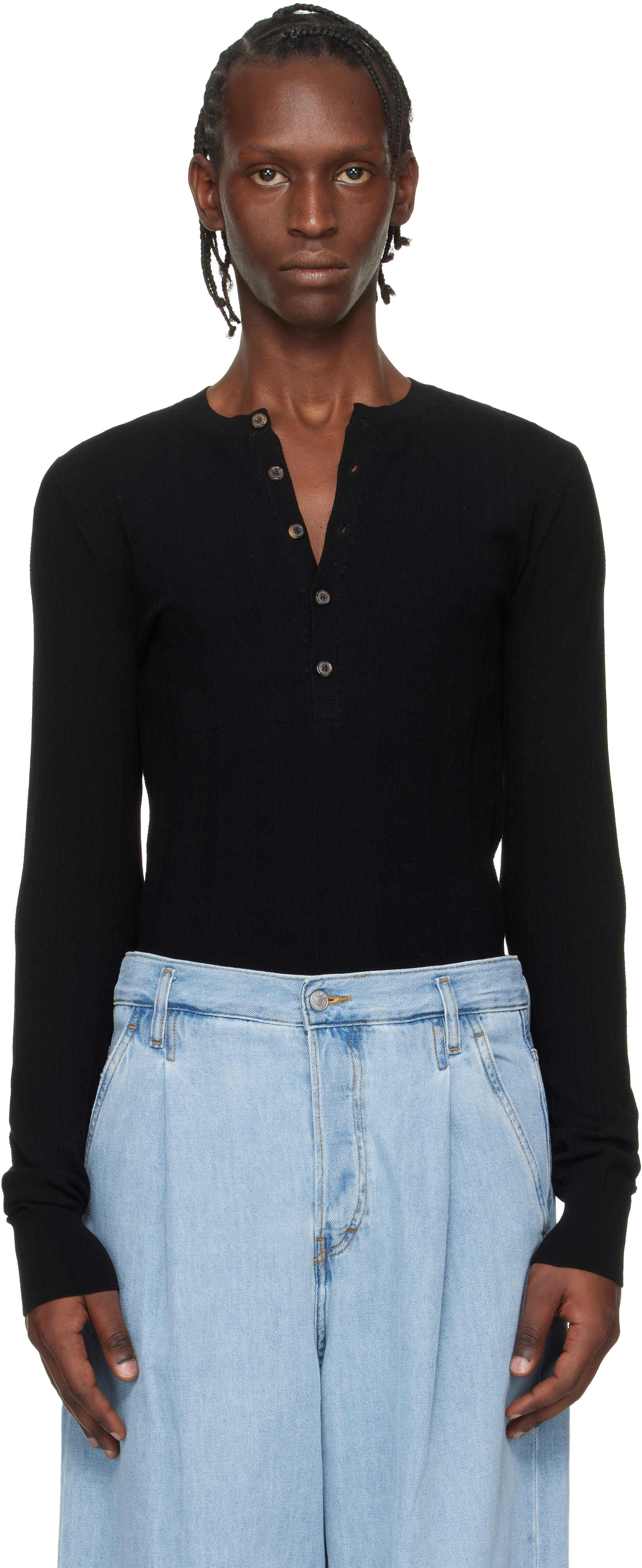 Dries Van Noten ヘンリーネック サーマル Dries Van Noten: ブラック リブ ヘンリーネック トップス | SSENSE 日本