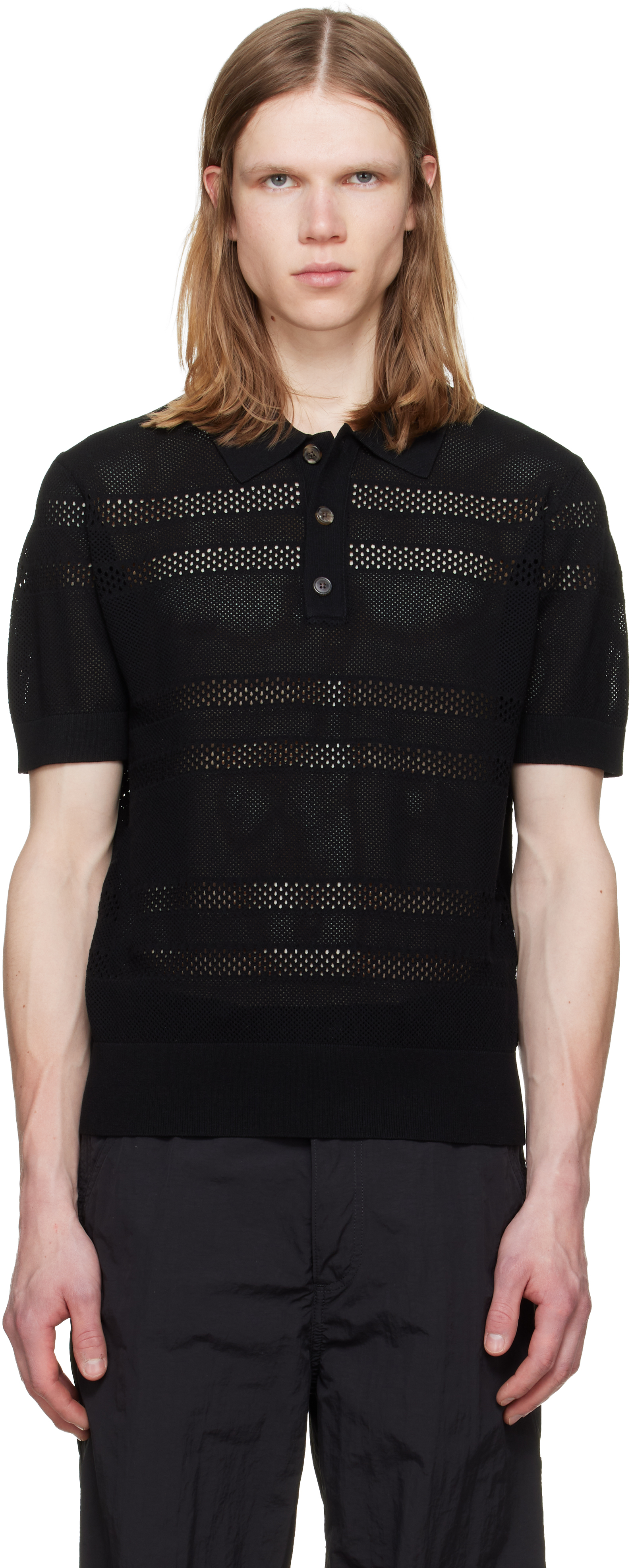 美品　ドリスヴァンノッテン　透かし編みニットポロシャツ　ブラック　M位 Dries Van Noten: ブラック メッシュ ニットポロシャツ | SSENSE 日本
