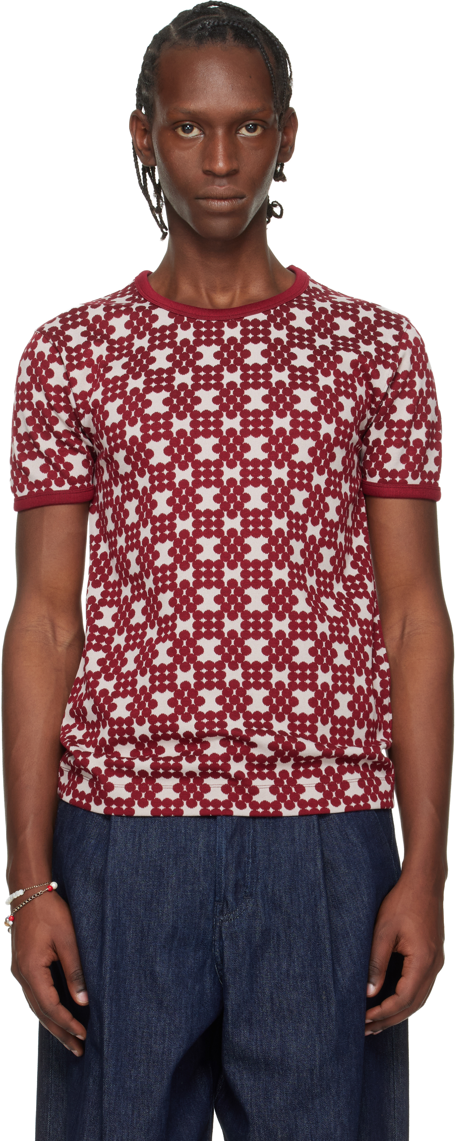 Dries Van Noten: Off-White & Burgundy Jacquard T-shirt | SSENSE