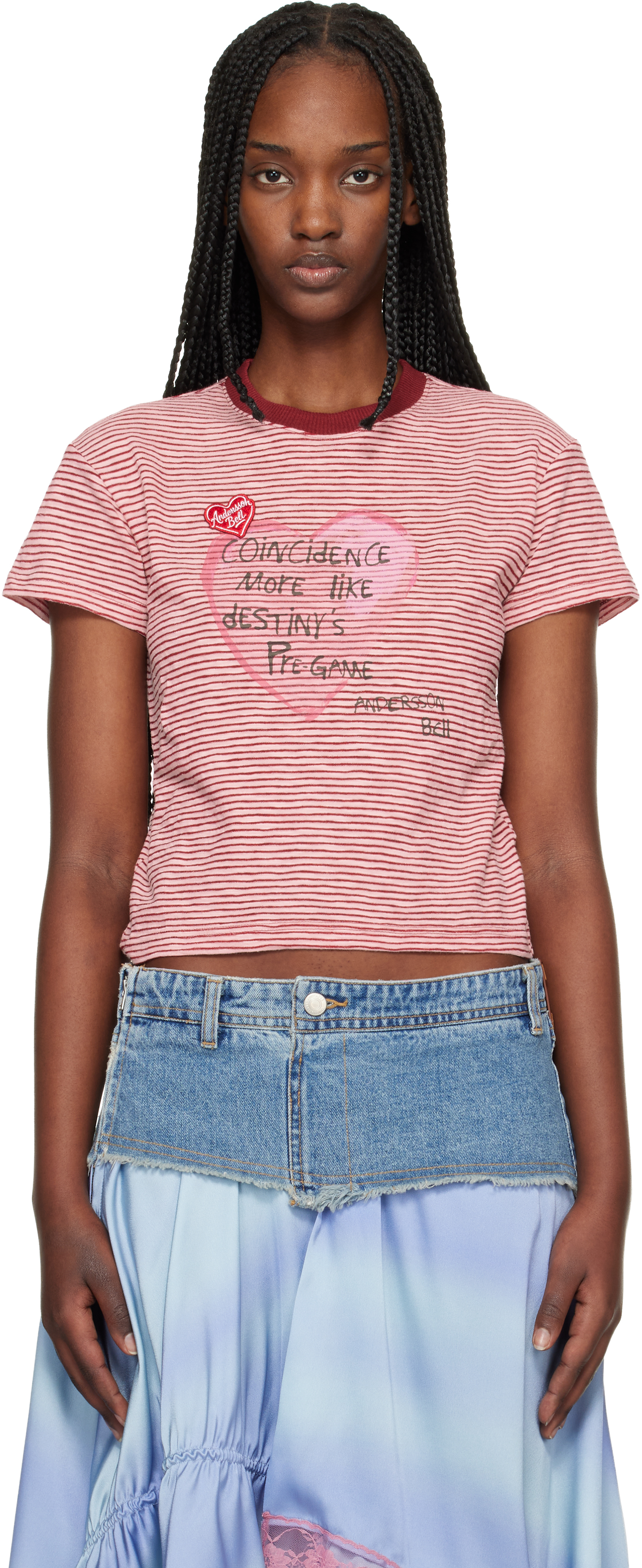 Andersson Bellのレッド＆オフホワイト Heart Message ボーダー T