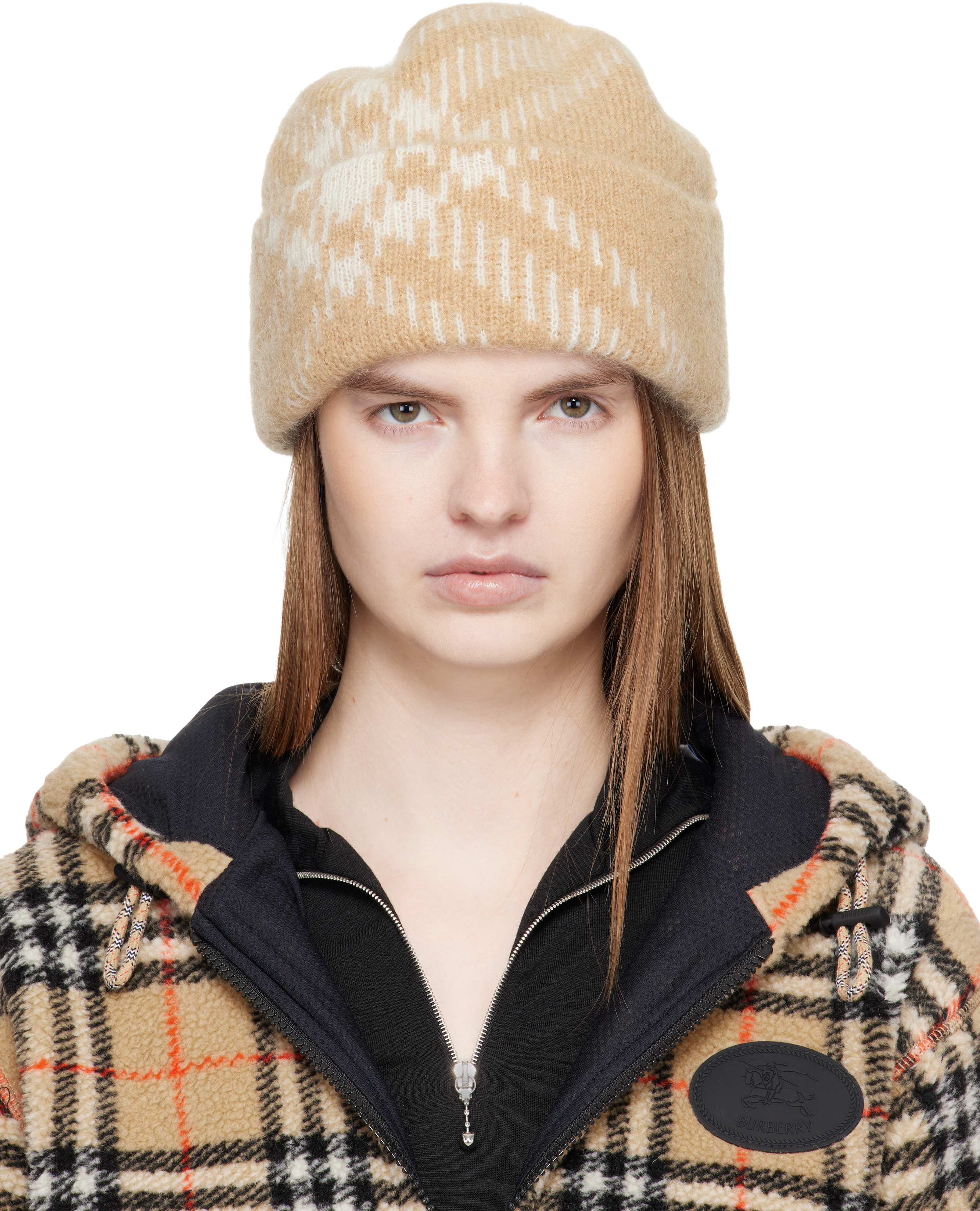 Burberry Beige Check Mohair Wool Blend Beanie