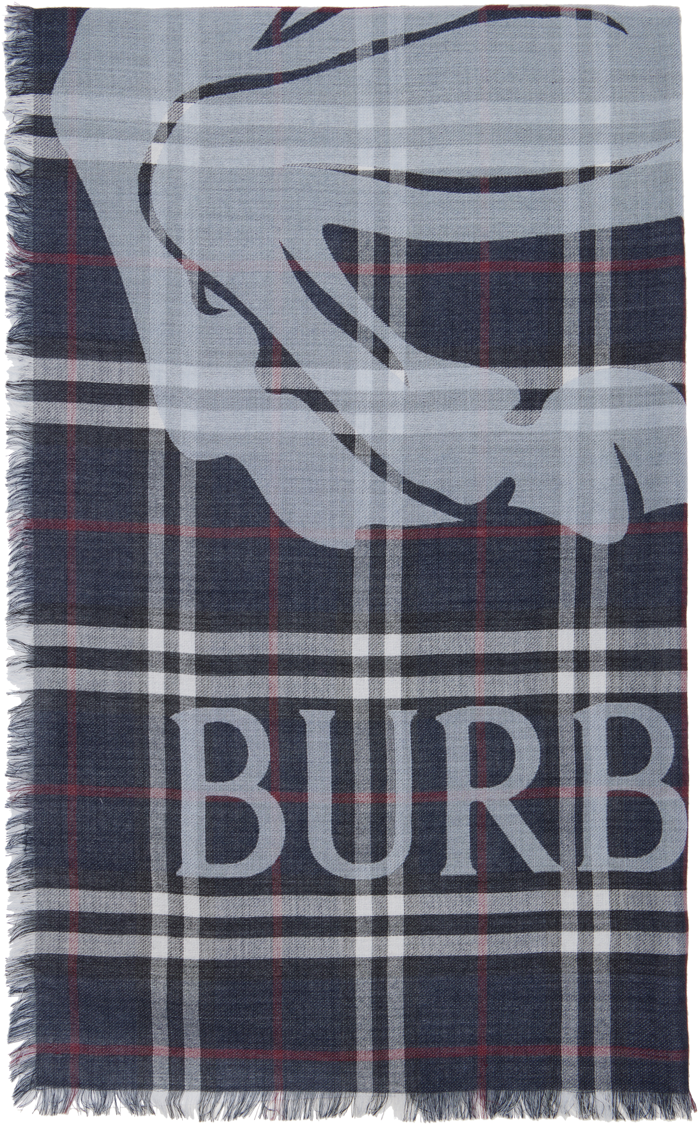 Burberry Navy Wide EKD Check Wool Silk Scarf
