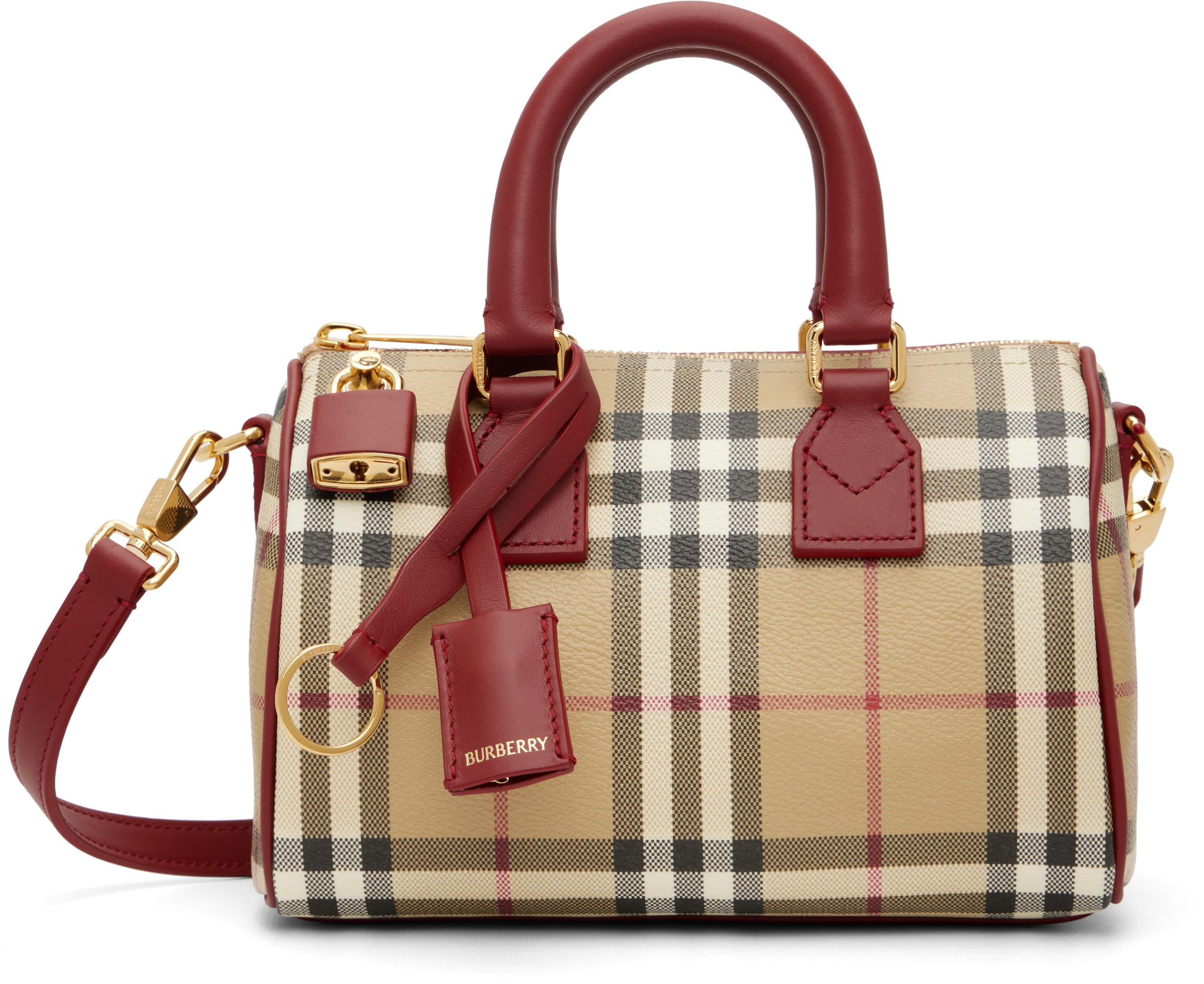 Burberry: ベージュ＆バーガンディ ミニ チェック ボウリング バッグ 