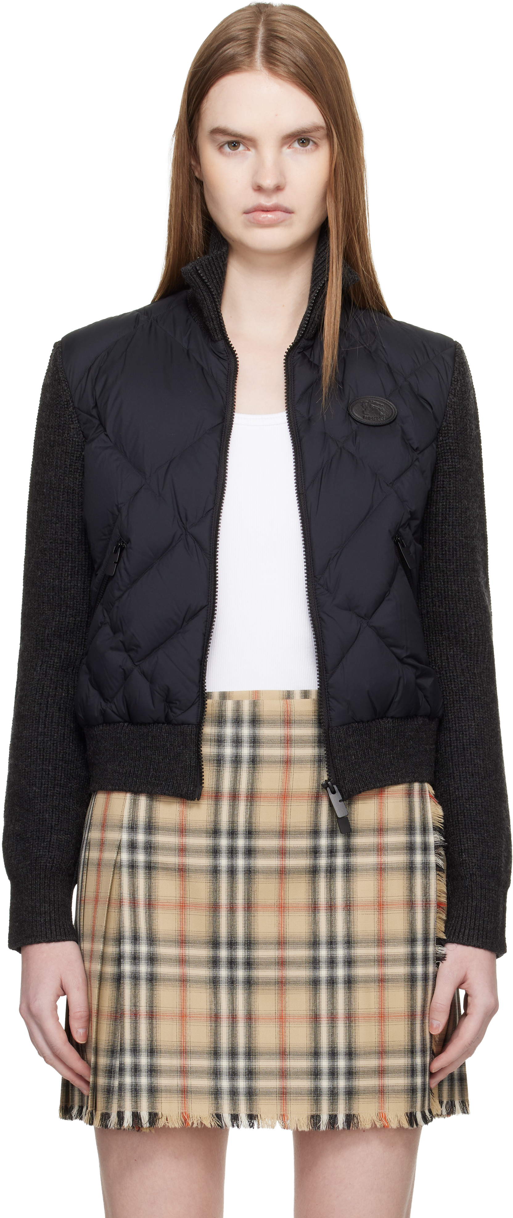 Burberry Black Check-Stitch Nylon & Wool Bomber Jacket