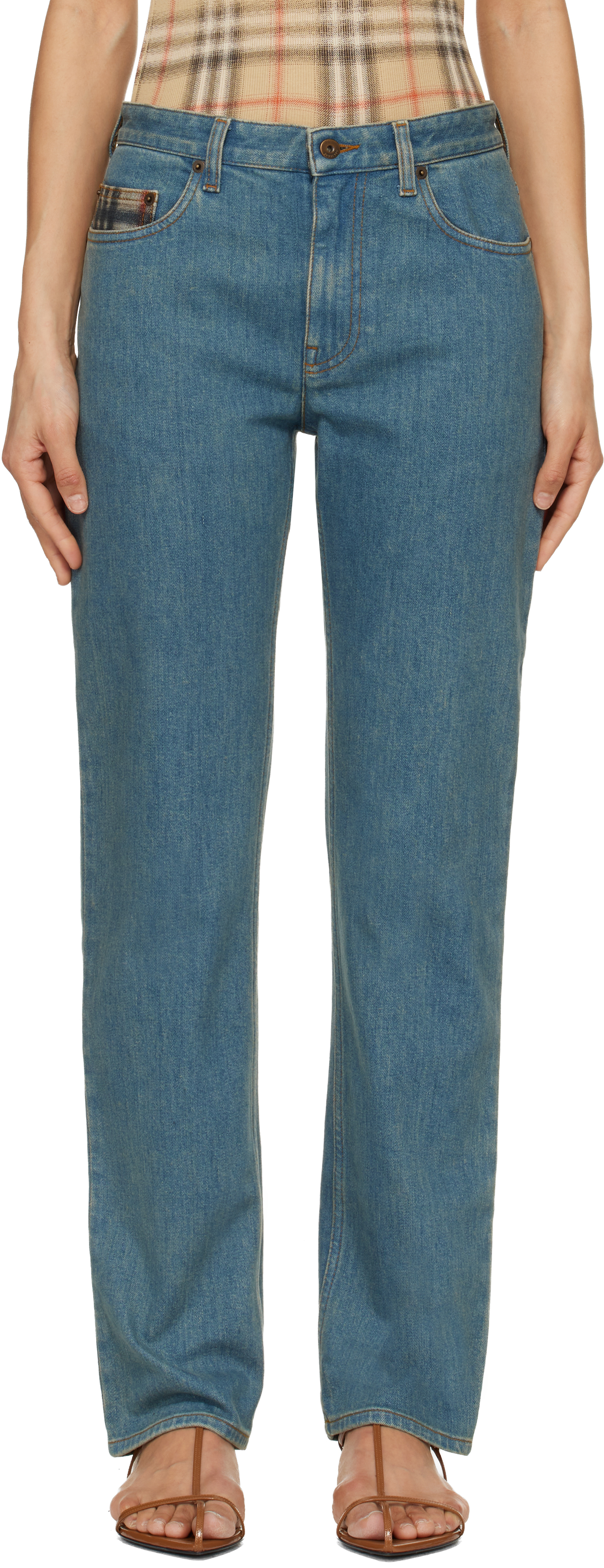 Blue Mid-Rise Straight Jeans by Burberry on Sale