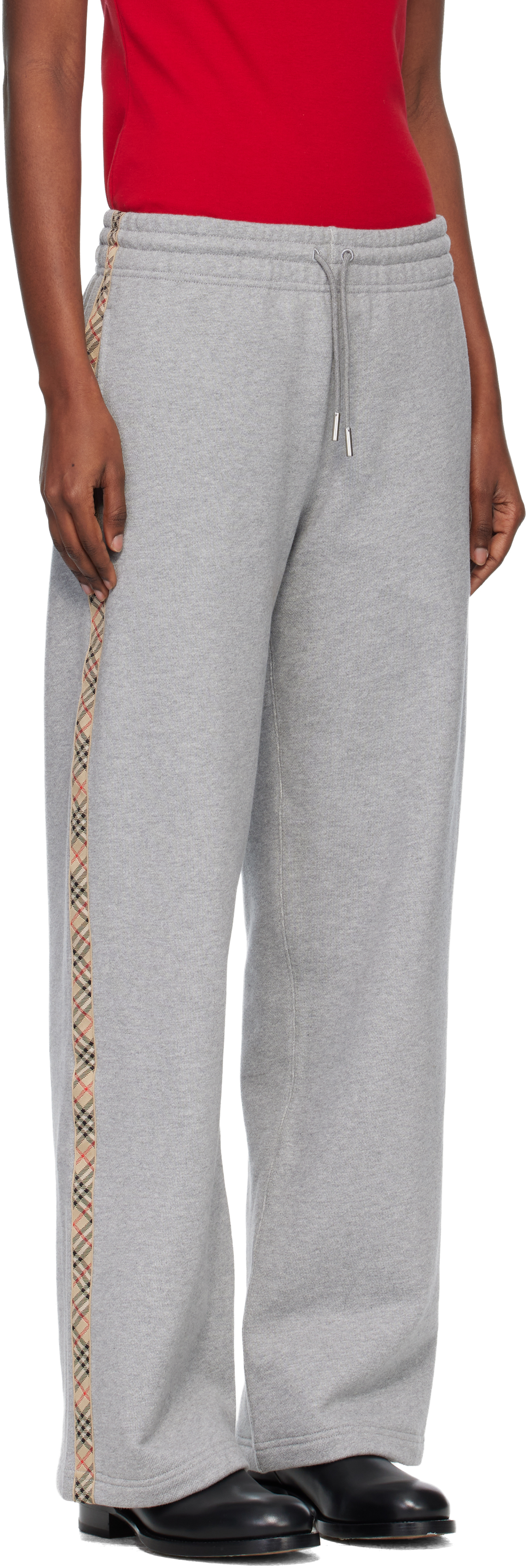 Burberry Gray Check Trim Cotton Track Pants In Gray