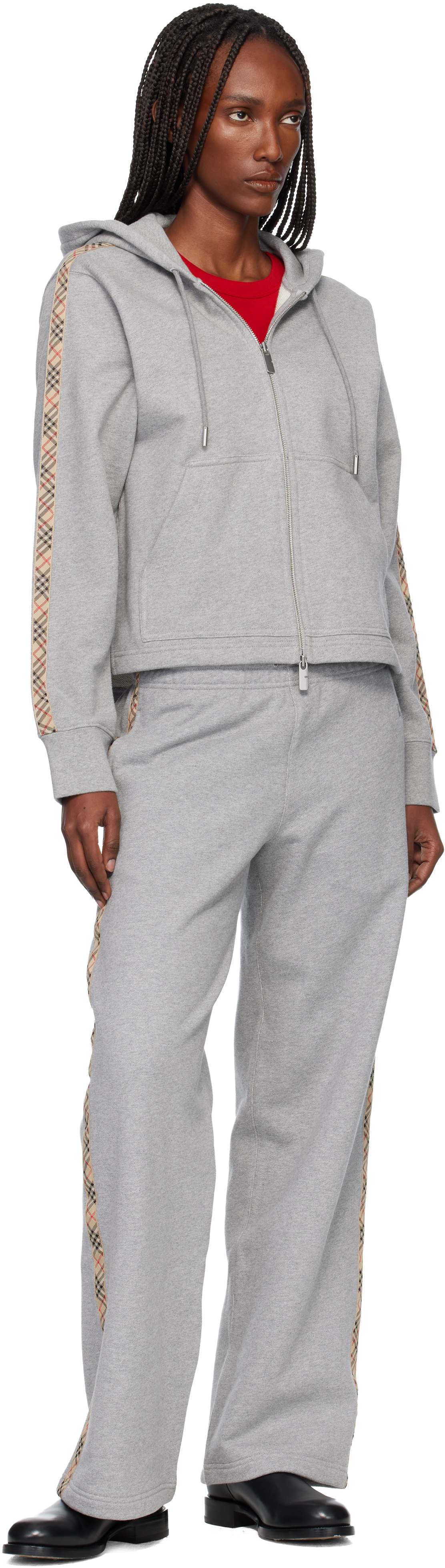 Burberry Gray Check Trim Cotton Track Pants In Gray
