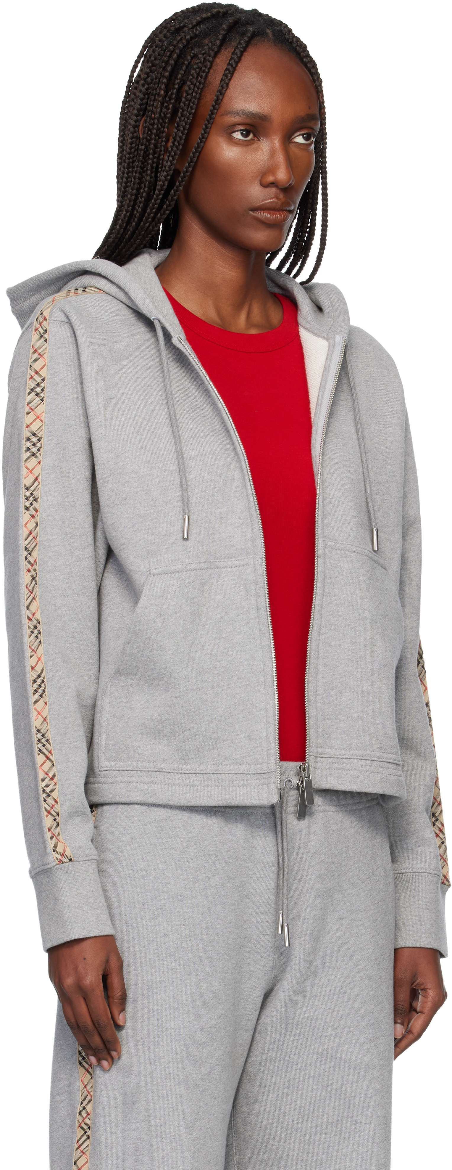 Burberry Gray Check Trim Cotton Zip Hoodie In Gray