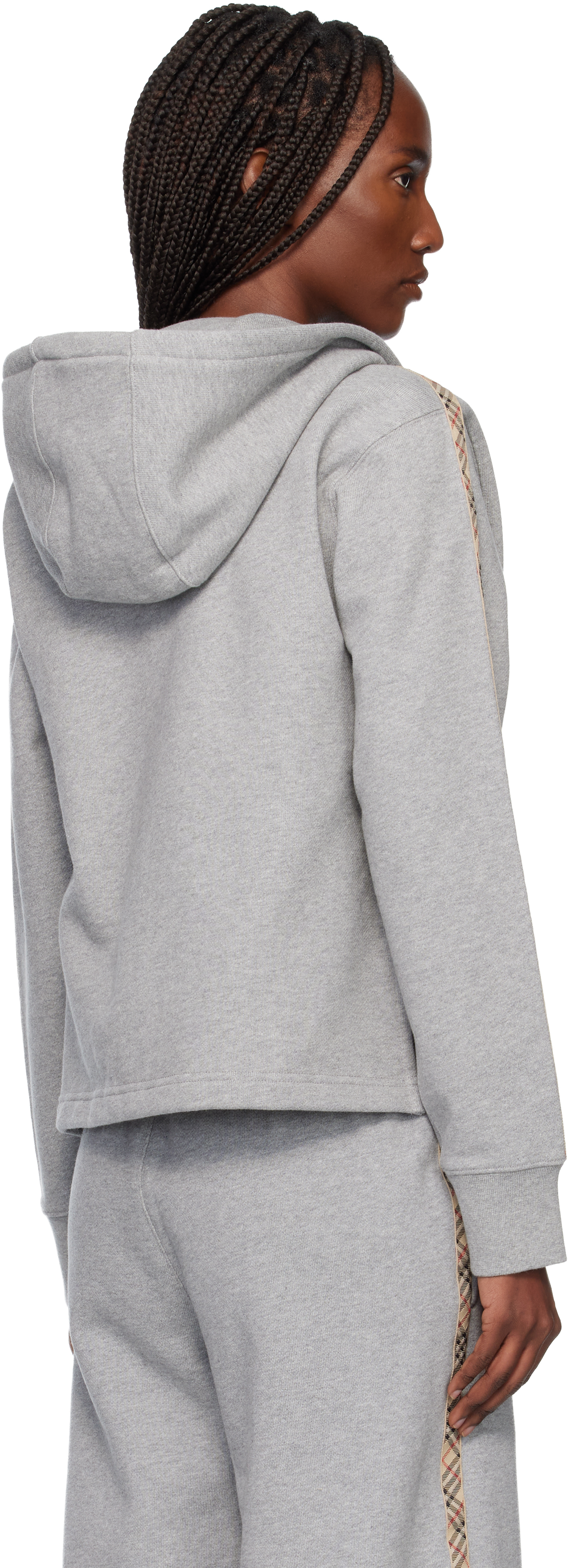 Burberry Gray Check Trim Cotton Zip Hoodie In Gray