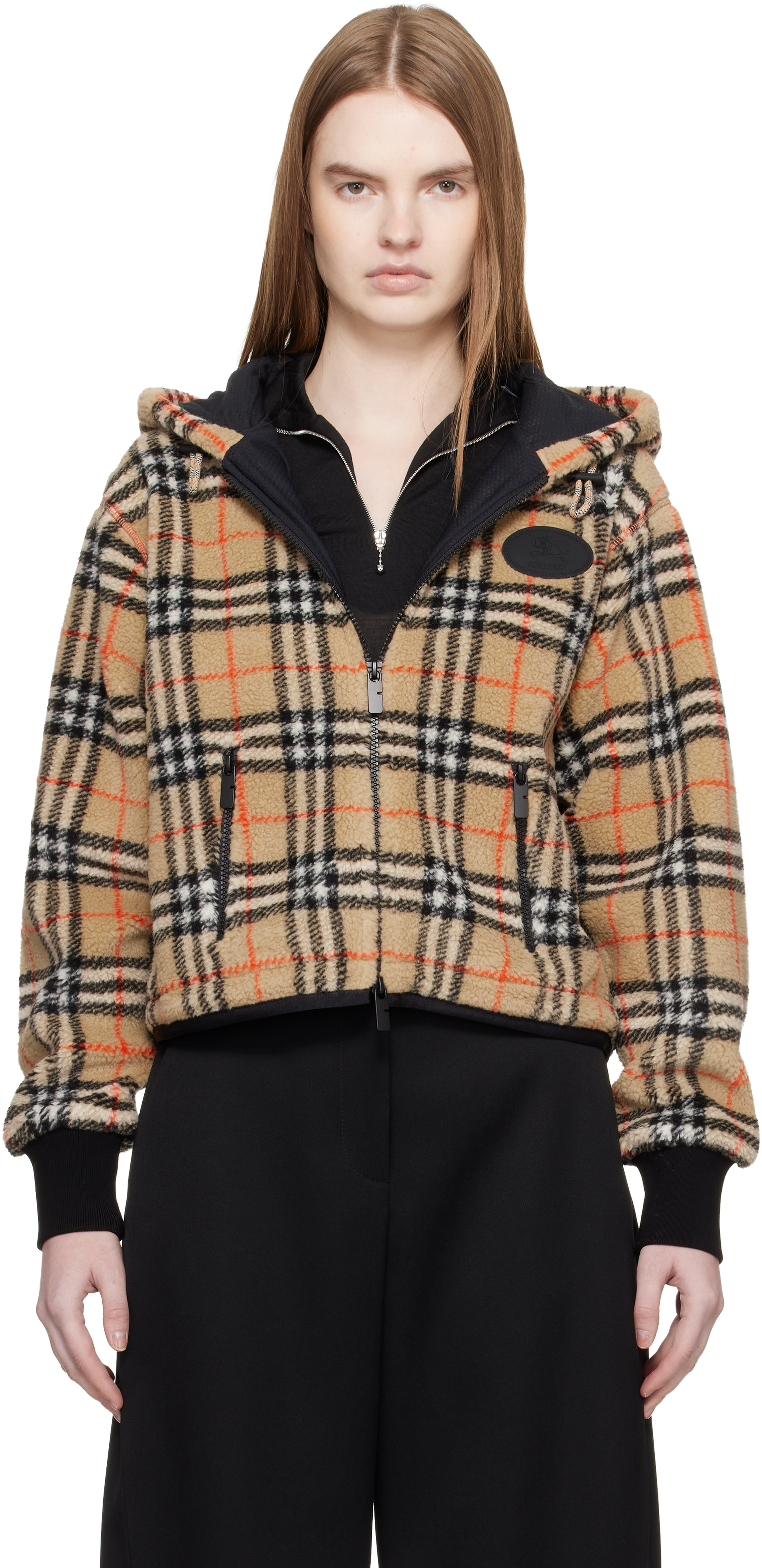 Burberry Beige Cropped Check Fleece Hooded Jacket