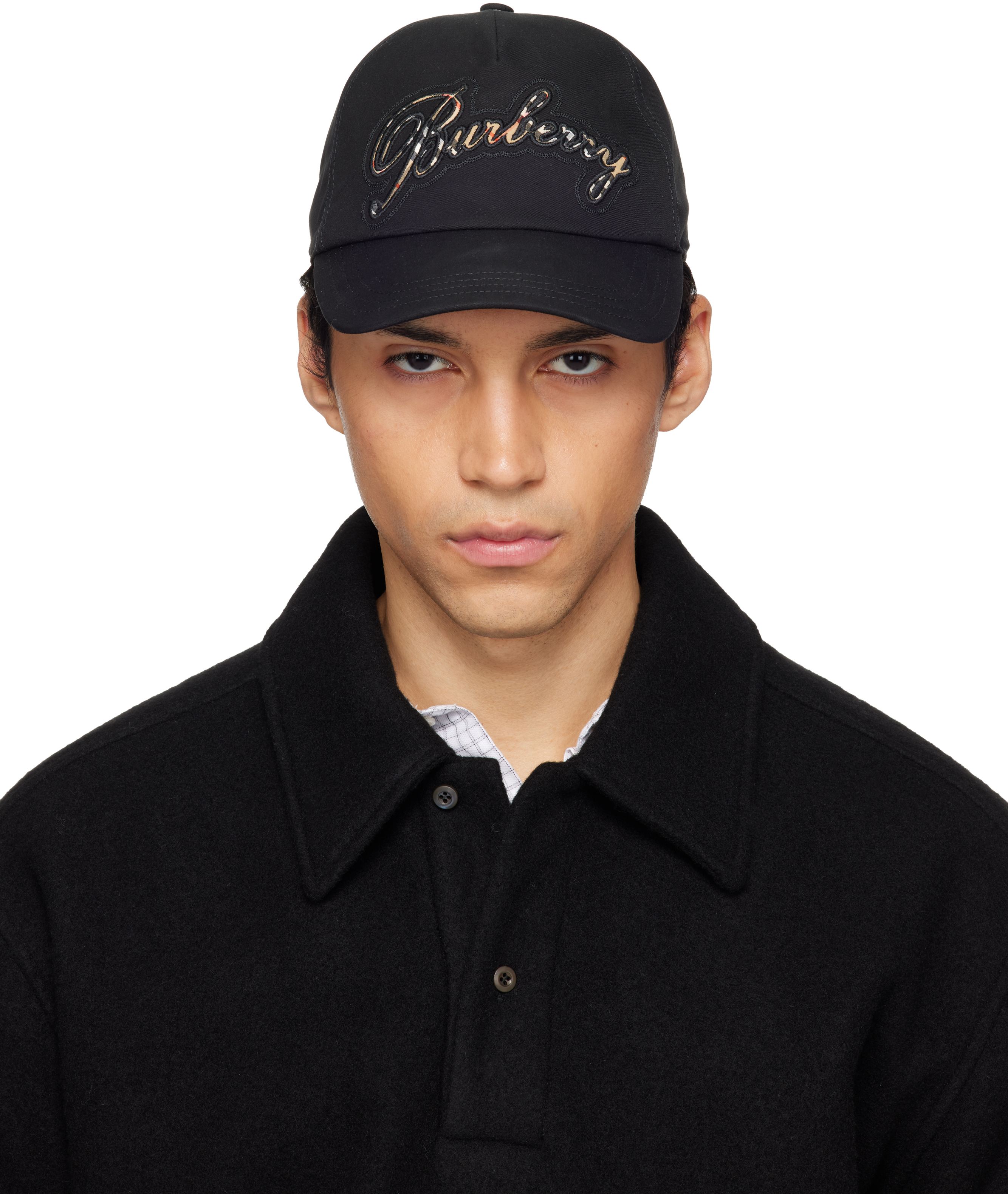 Burberry: Black Check Cursive Logo Gabardine Baseball Cap | SSENSE