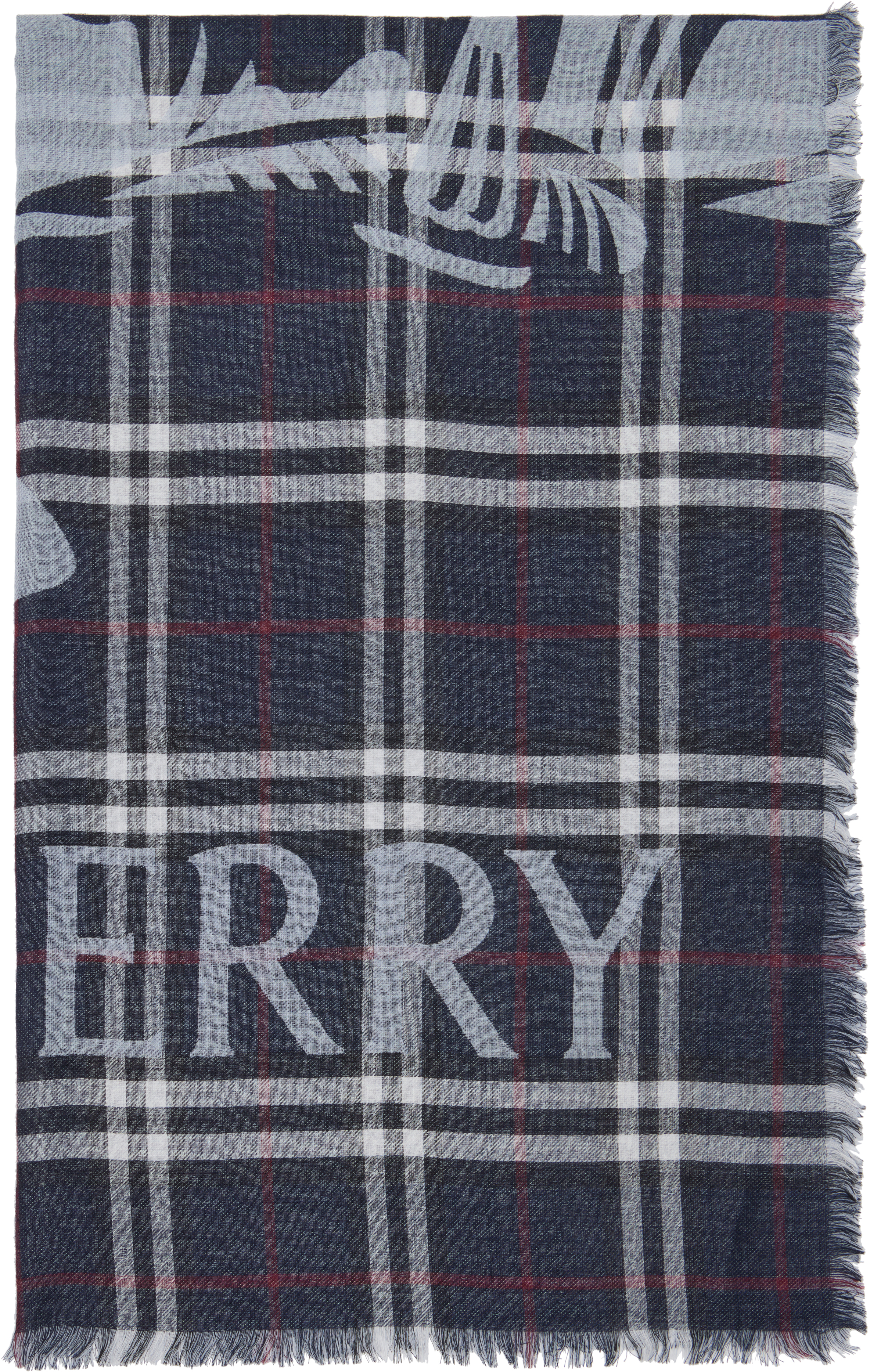 Burberry Navy Wide EKD Check Wool Silk Scarf