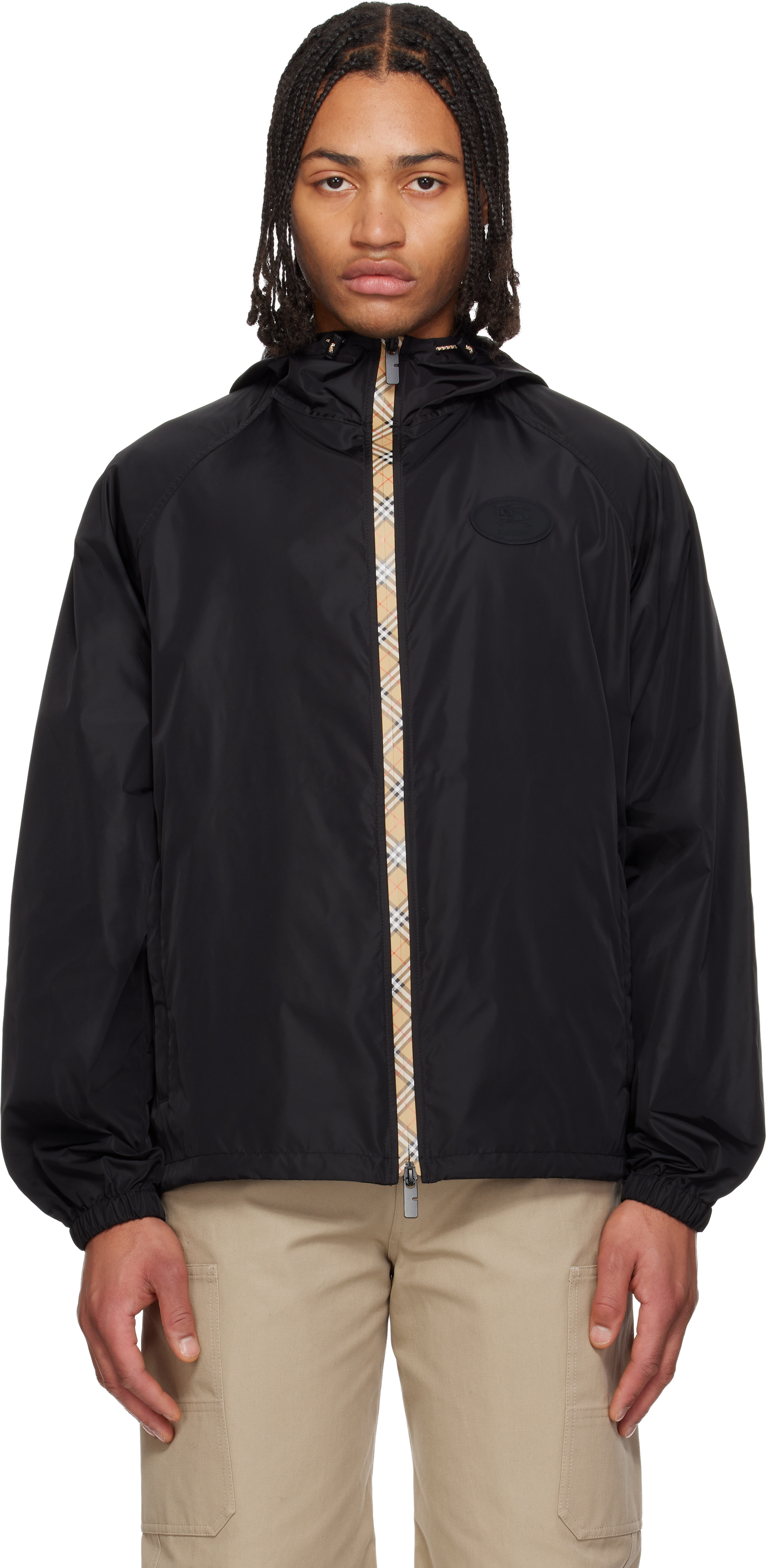 Burberry nylon hooded パーカー　ブラック　黒　チェック Burberry: Black Checker-Tape Nylon Hooded Jacket | SSENSE