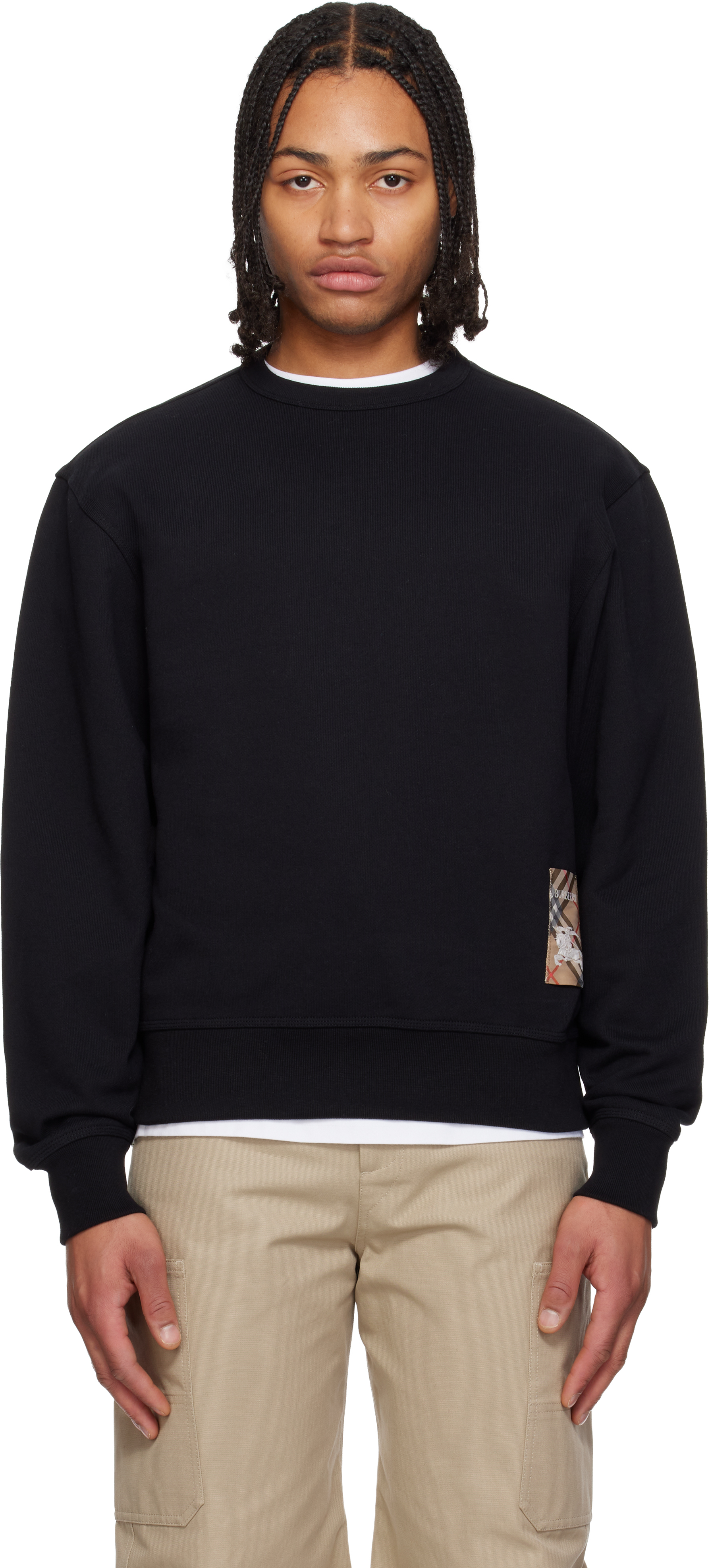 Black Check Label Cotton Hoodie by Burberry on Sale