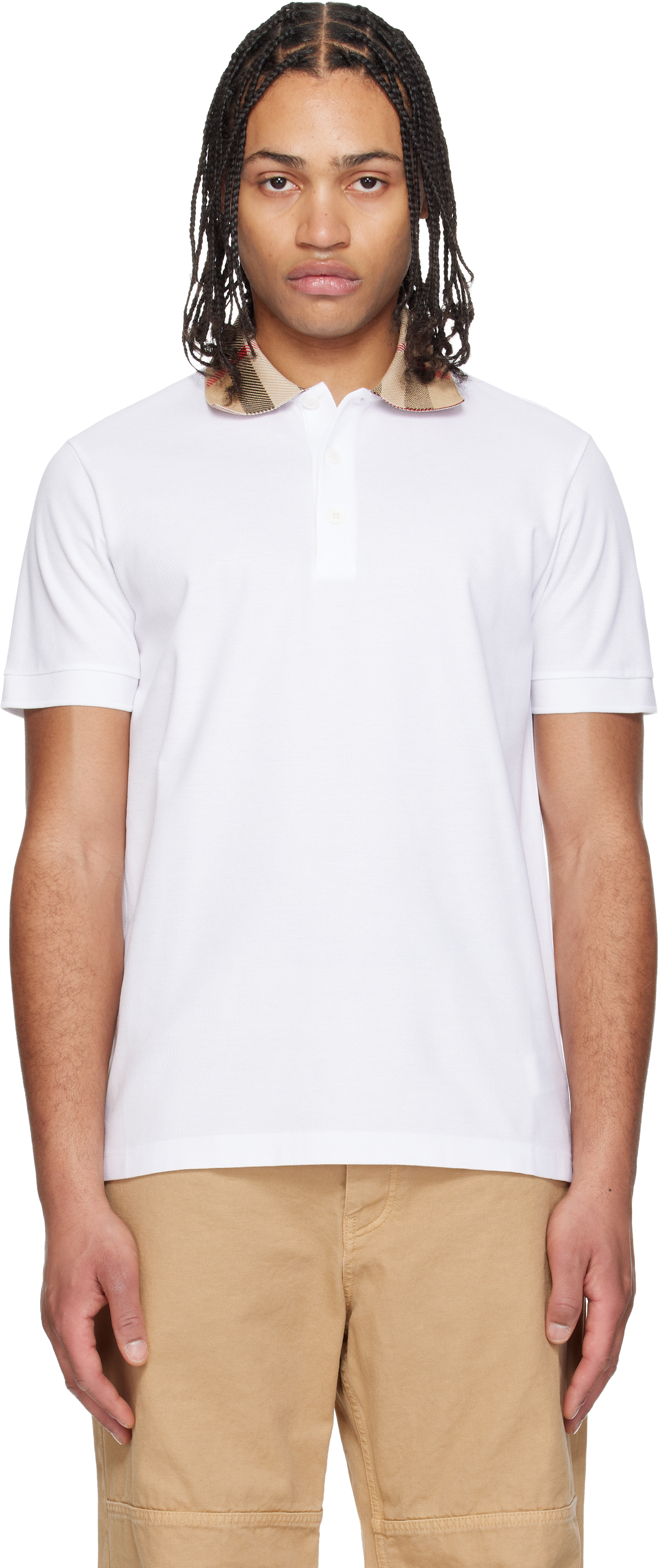 Burberry White Check Collar Cotton Polo