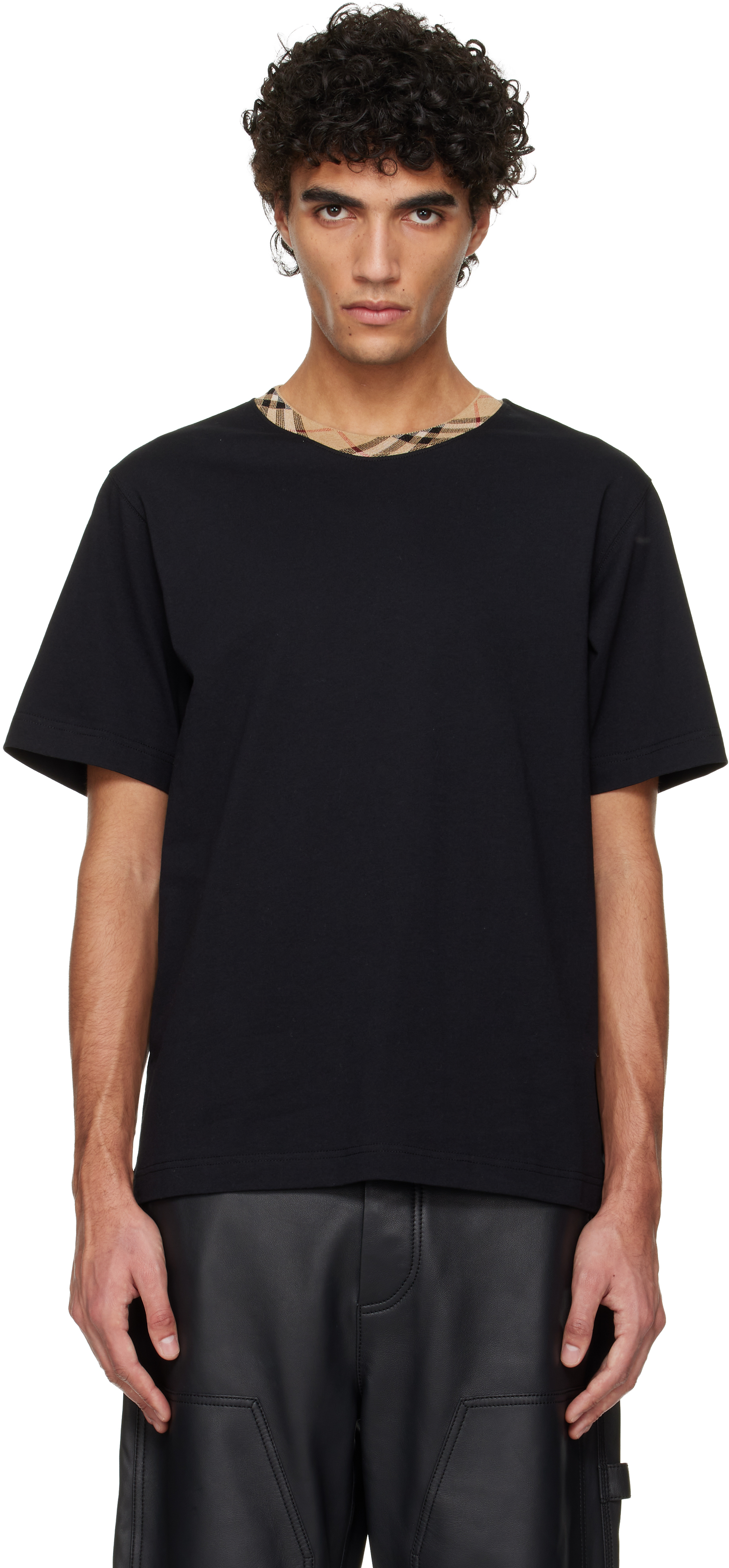 Burberry Black Check Trim Cotton T-shirt