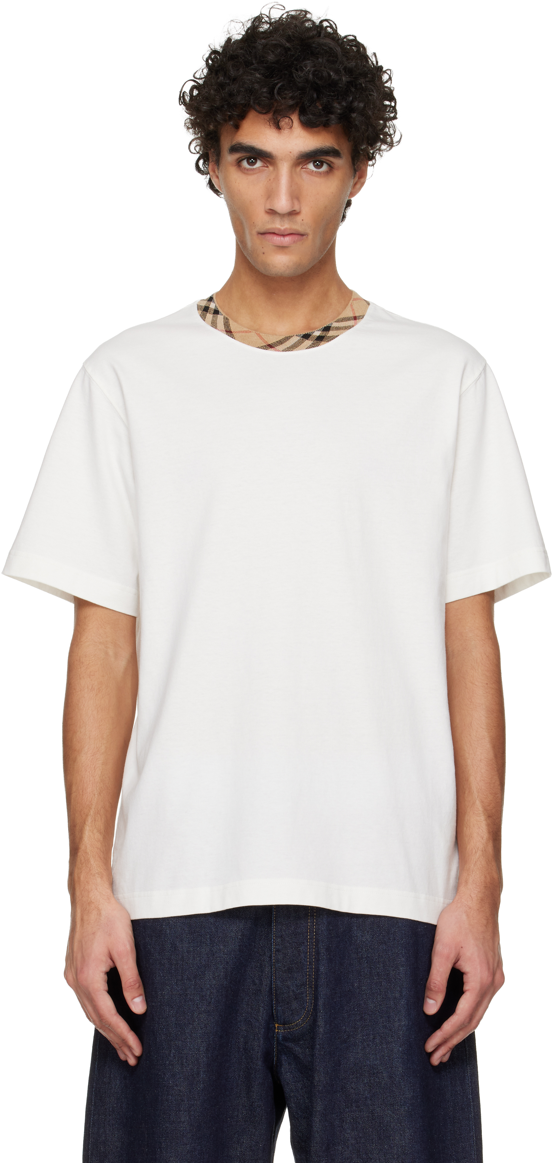 Burberry: Off-White Check Trim Cotton T-shirt | SSENSE