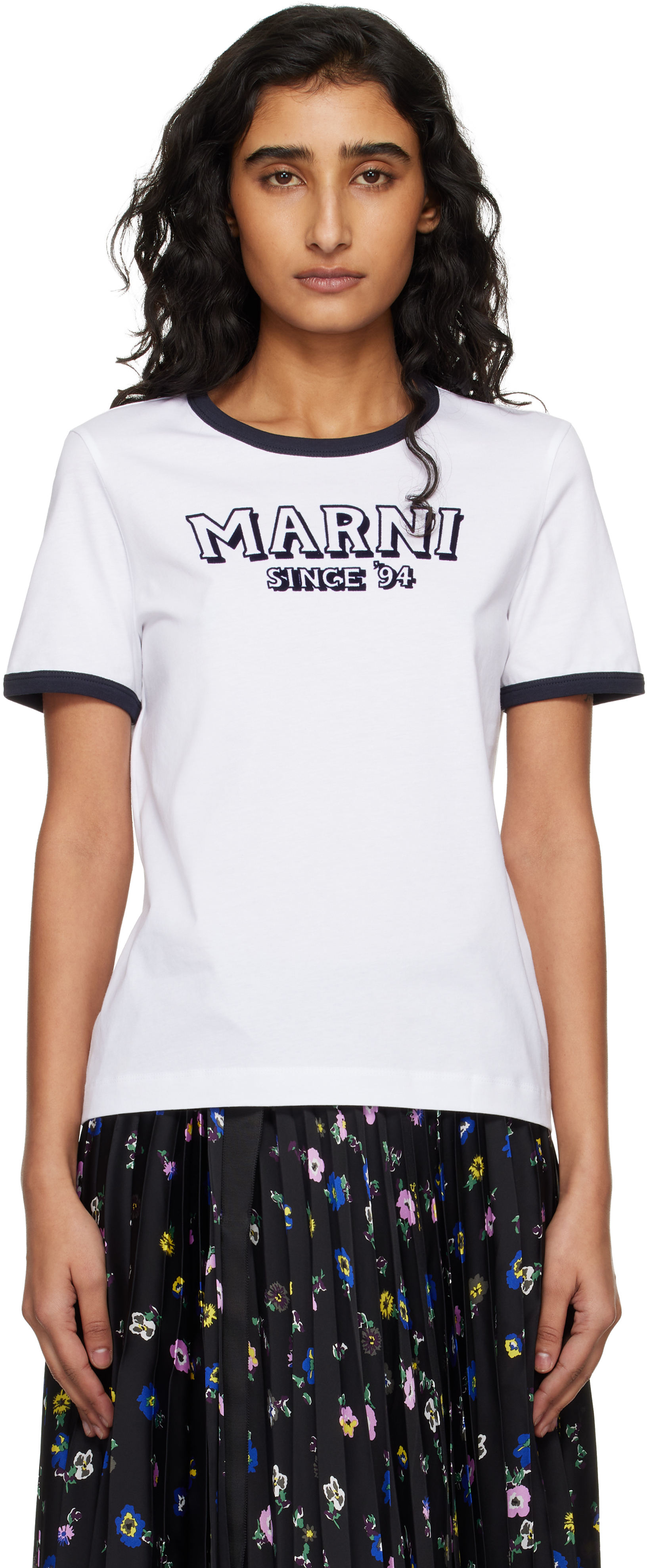 MARNI ロゴプリント Tシャツ ホワイト Marniのホワイト フロック プリント ジャージ Tシャツがセール中
