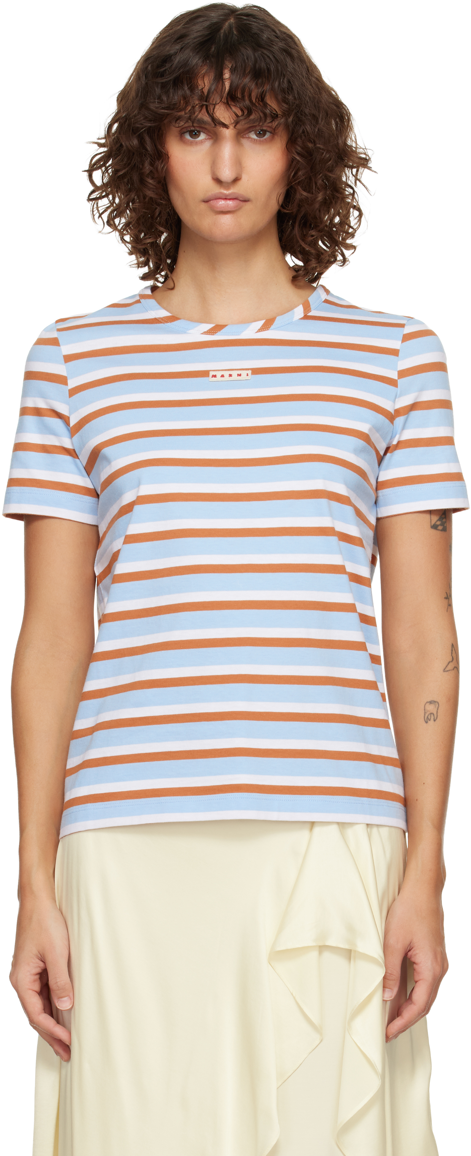 Marniのブルー＆ブラウン ボーダー コットン Tシャツがセール中