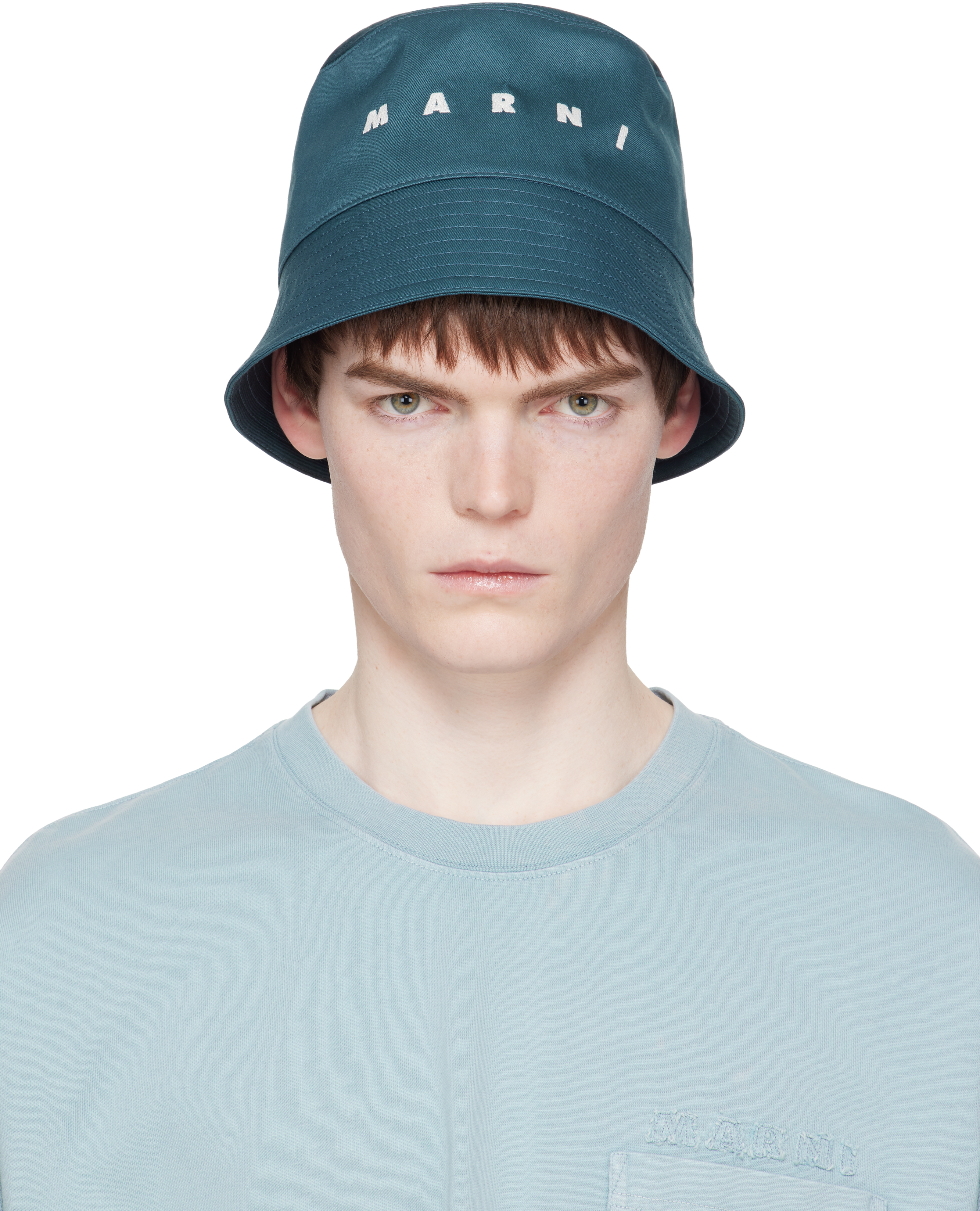Navy Embroidered Logo Water-Repellent Gabardine Bucket Hat by