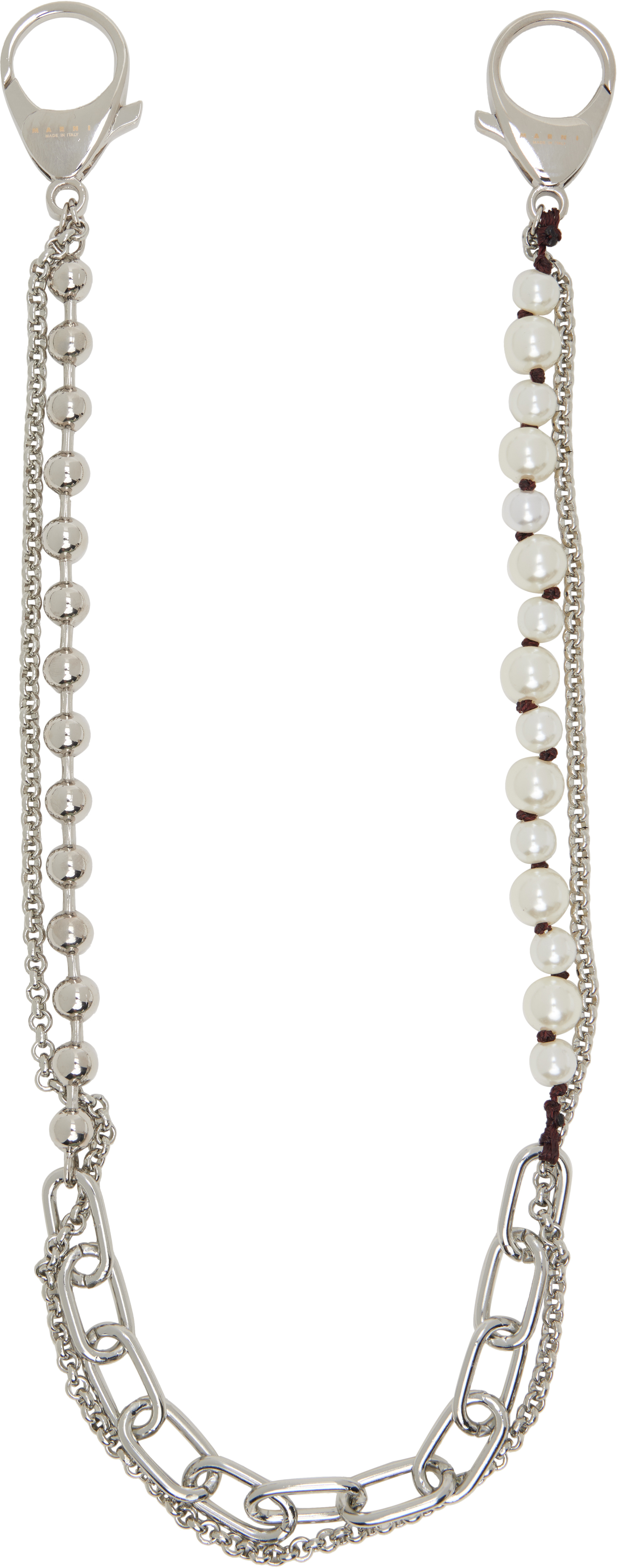 Marni: シルバー＆ホワイト Metal & Faux-Pearls Charm ウォレット