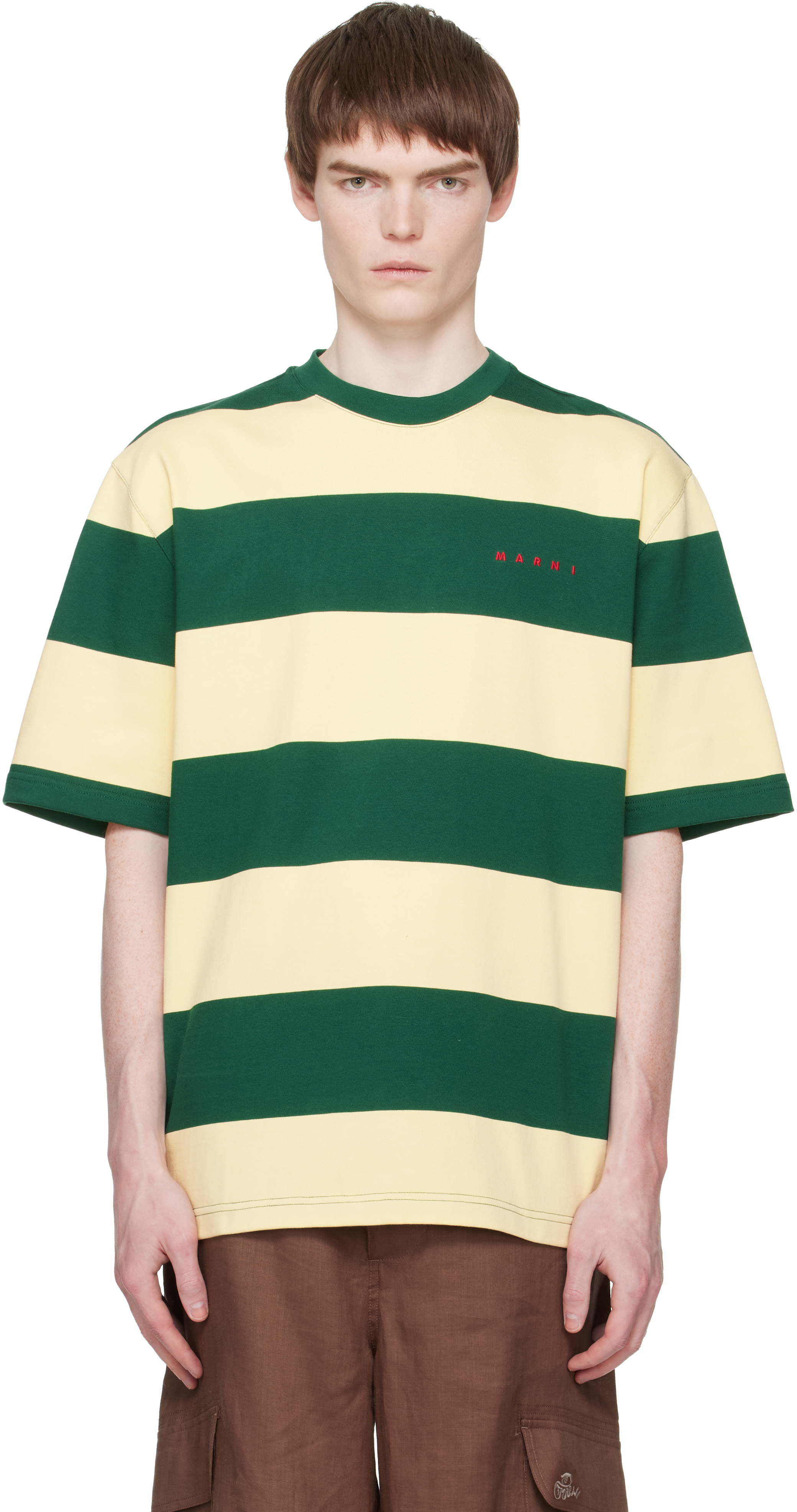 Green & Yellow Maxi-Stripe Cotton T-shirt by Marni on Sale