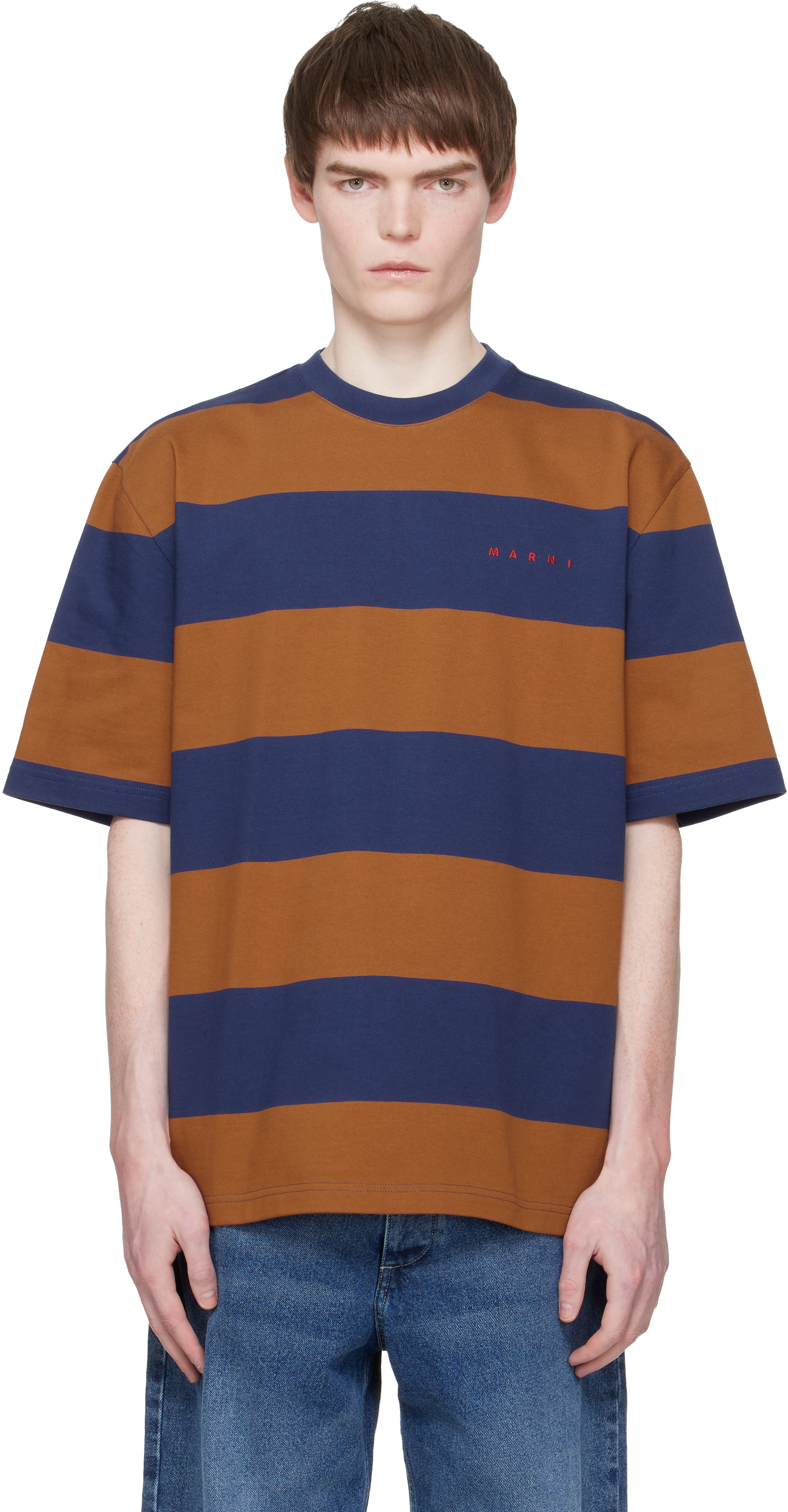 Marniのネイビー＆タン Maxi-Stripe コットン Tシャツがセール中
