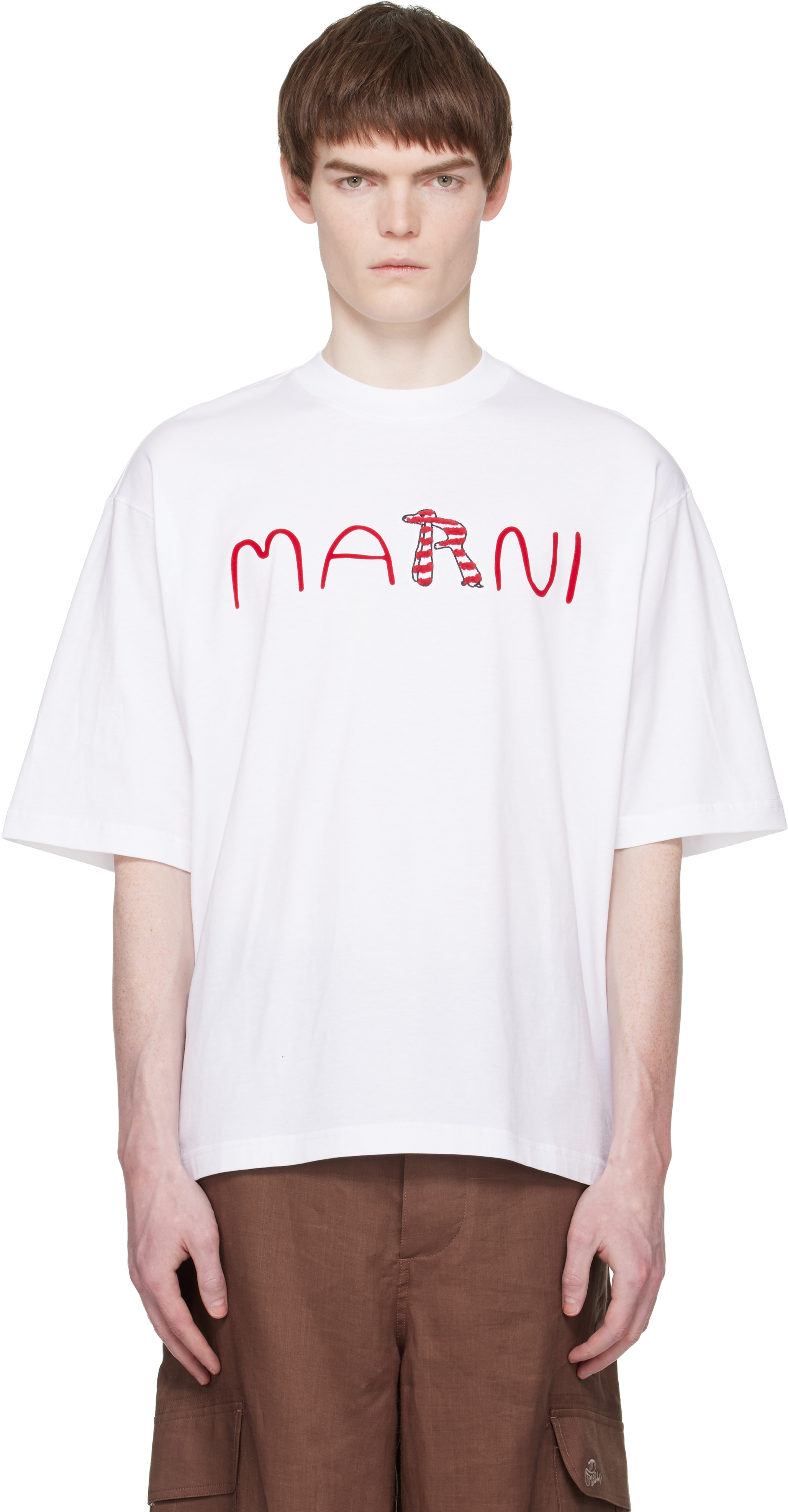 MARNI Animal Alphabetロゴ ホワイト コットンTシャツ Marni: ホワイト Flocked 'Marni Animal Alphabet Logo' Tシャツ