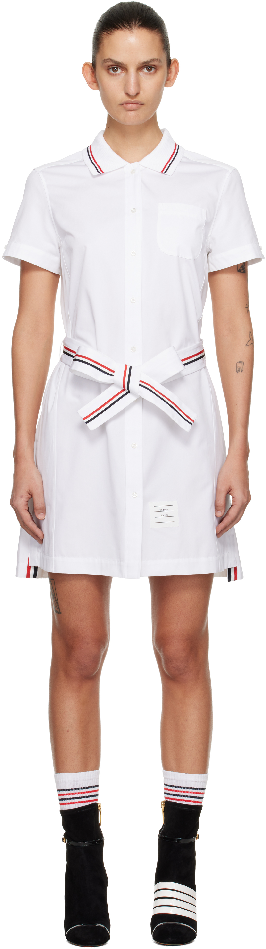 Thom Browne White Solid Poplin Bow Minidress