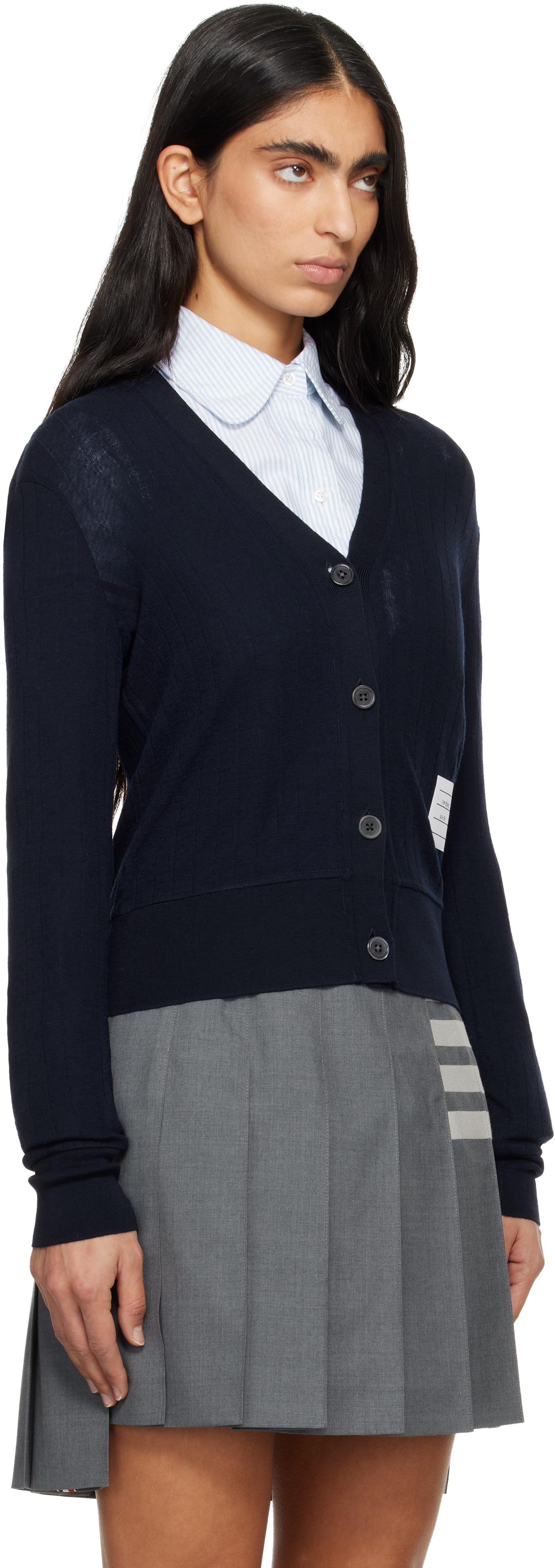 Thom Browne Navy Wide Wool Rib V-neck Cardigan In Blue