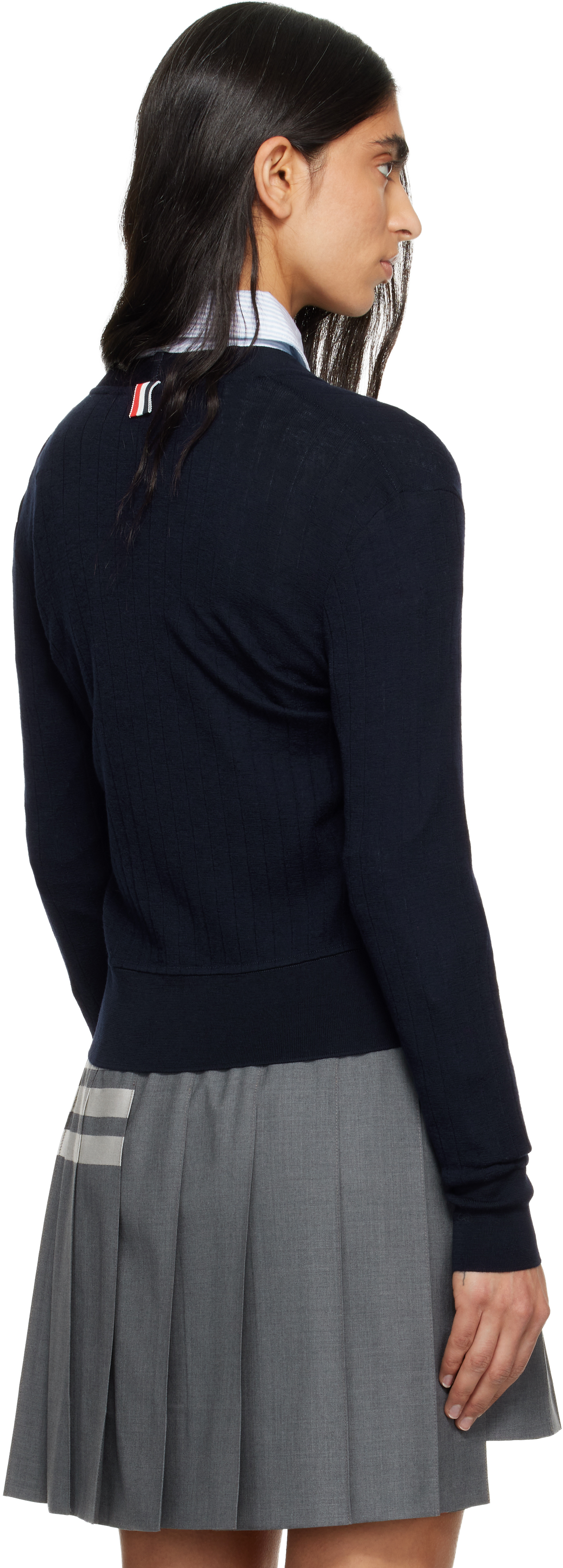Thom Browne Navy Wide Wool Rib V-neck Cardigan In Blue